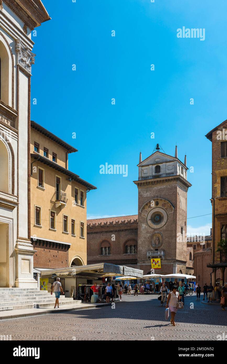 Mantua Italy, view in summer of the Piazza Andrea Mantegna and market stalls in the scenic old town center of the city of Mantua, Lombardy, Italy Stock Photo