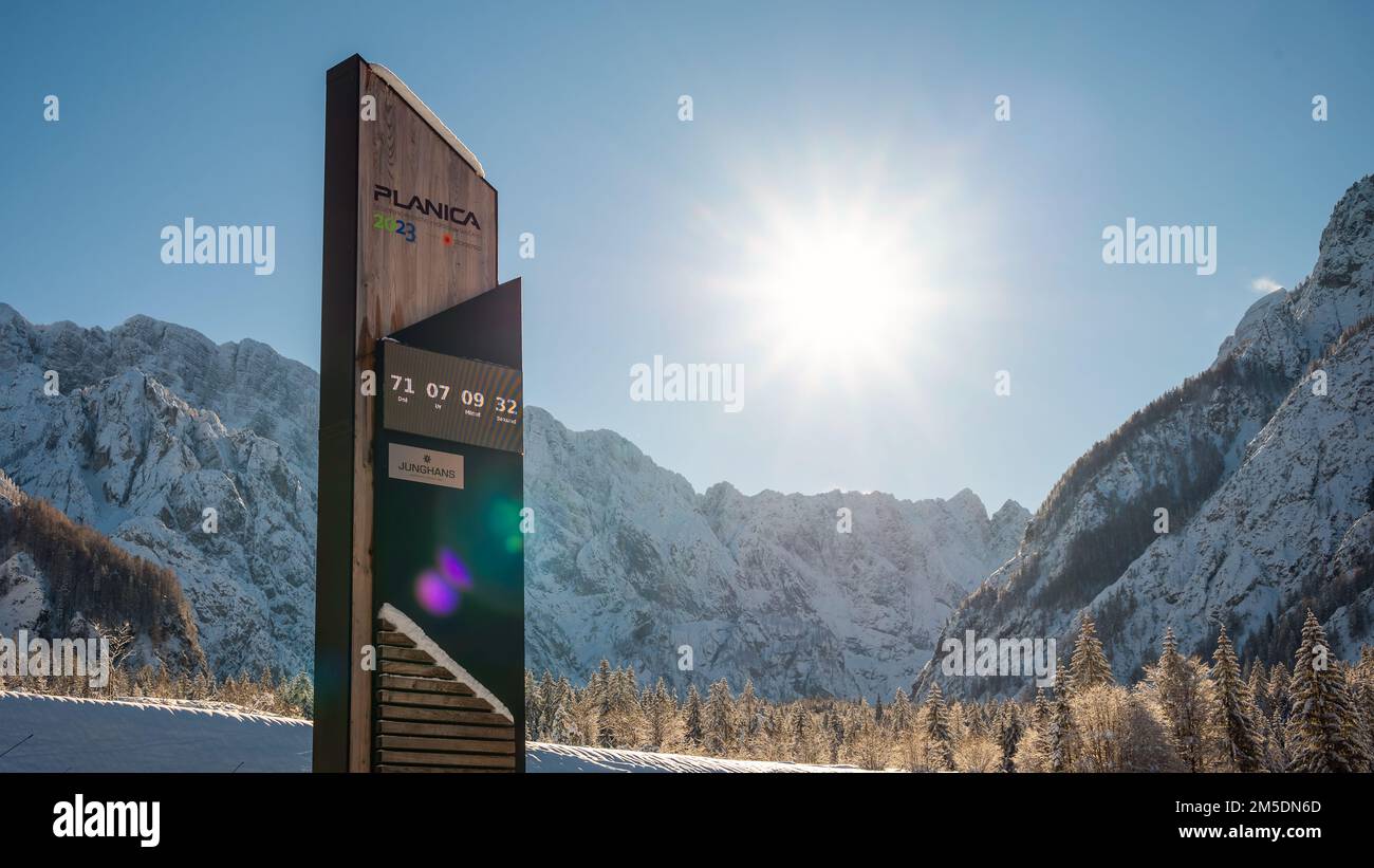 Slovenia, Ratece - 12 December 2022: Ski Jump in Planica near Kranjska Gora Slovenia covered in snow at winter time. Stock Photo