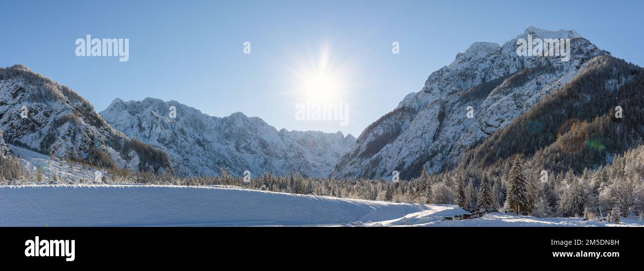 Ski Jump in Planica near Kranjska Gora Slovenia covered in snow at winter time. Stock Photo