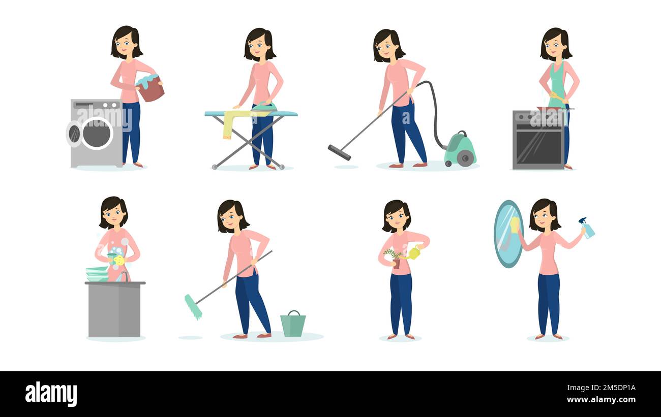 Woman doing household chores on white background. Cleaning and ironing ...