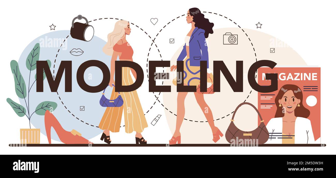 Modeling typographic header. Man and woman represent new clothes at a