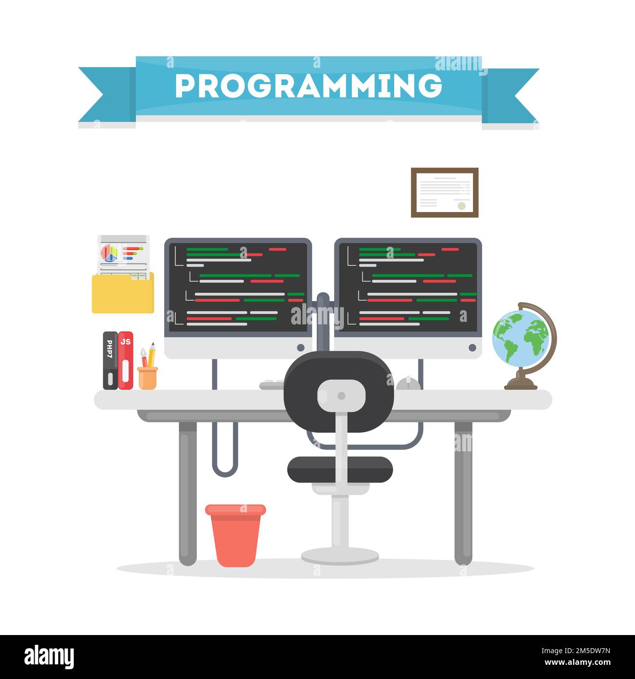 Programming work place. Desk with two computer screen, documents and ...