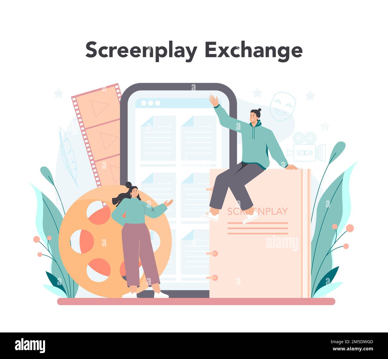 Screenwriter online service or platform. Playwright create a screenplay for movie. Online screenplay exchange. Isolated vector illustration Stock Vector