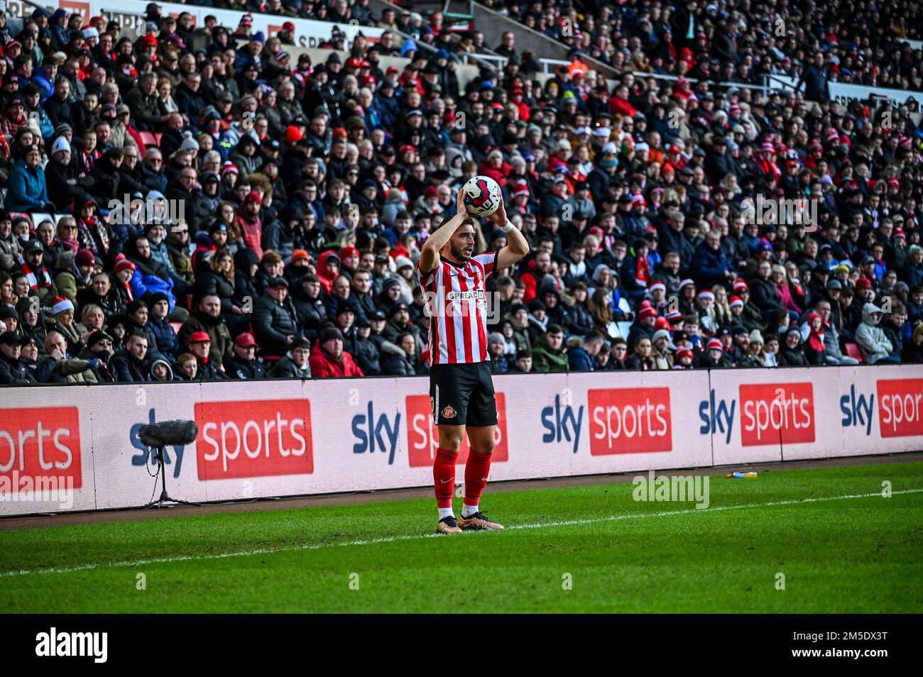 Sunderland AFC defender Lynden Gooch takes a throw in against Blackburn Rovers in the EFL Championship. Stock Photo
