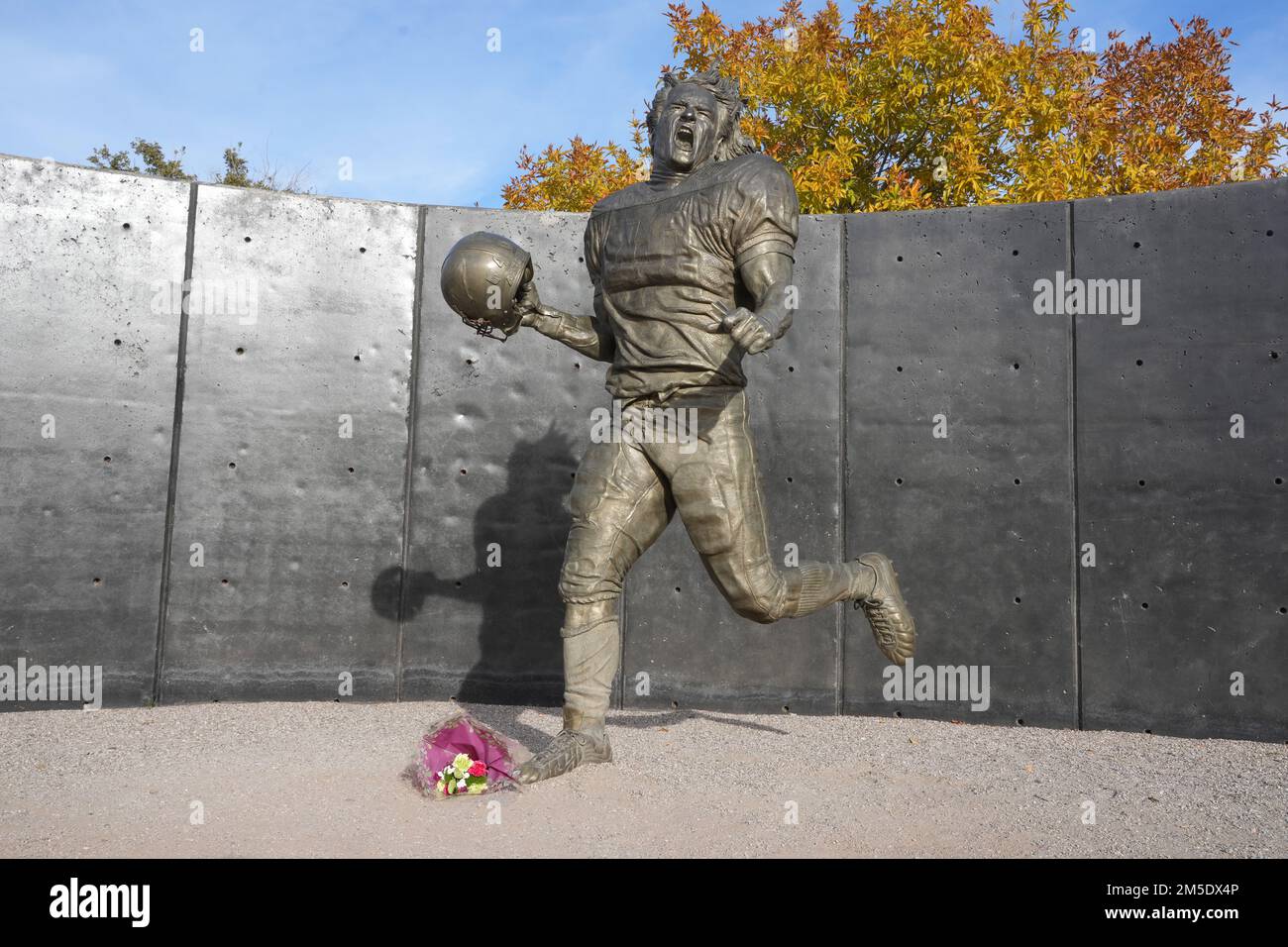 A memorial statue of Pat Tillman at State Farm Stadium reflection