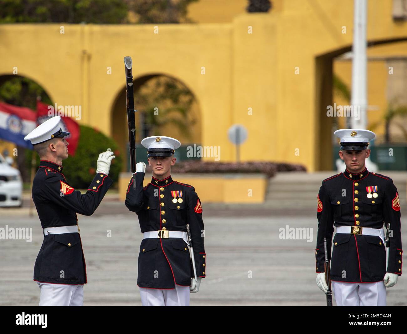 Lance Cpl. Coty Bish, rifleman, Silent Drill Platoon, executes a rifle inspection during a Battle Color Ceremony at Marine Corps Recruit Depot San Diego, March 5, 2022. MCRD San Diego memorialized the 100 year anniversary of its commissioning by hosting a Battle Color Ceremony. Stock Photo