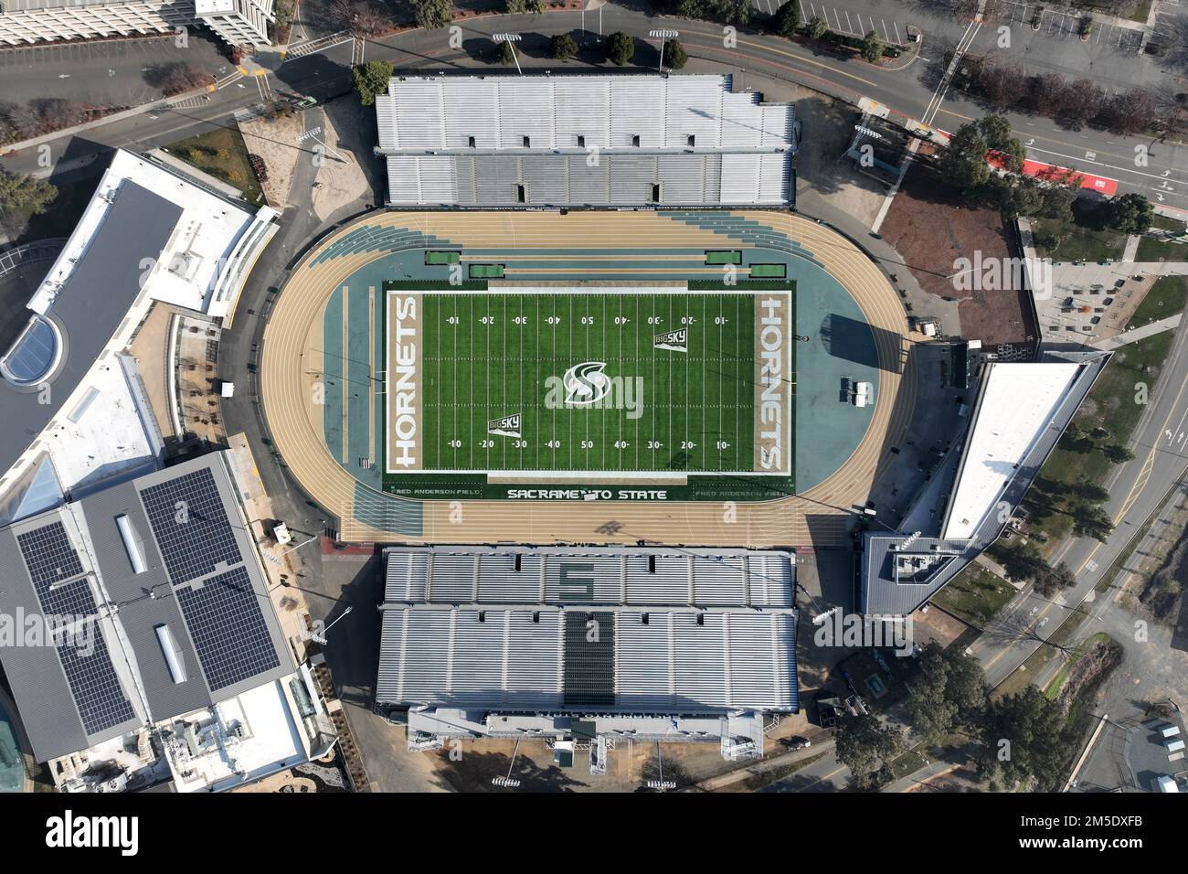 A general overall aerial view of the track and football field at