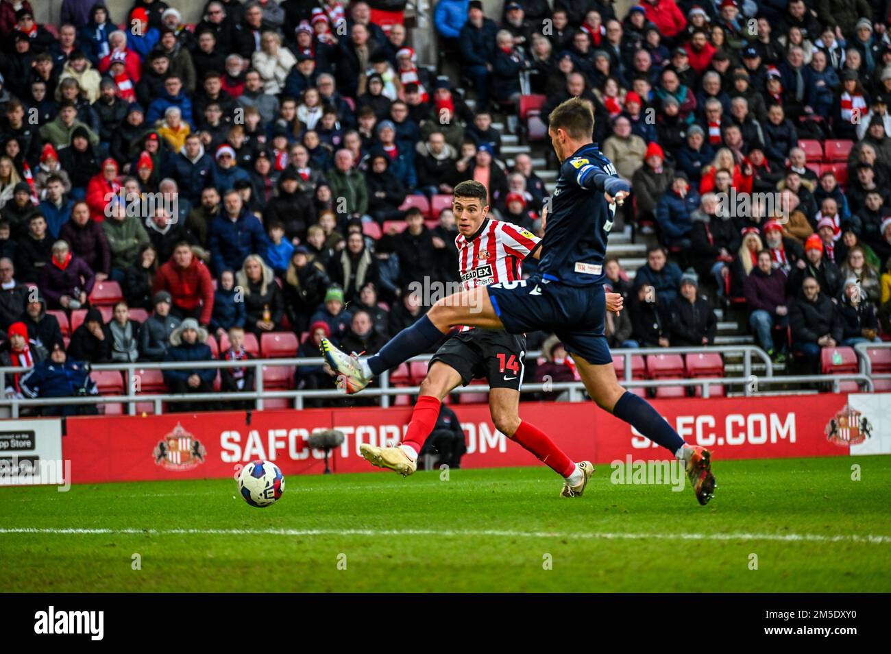 Sunderland AFC forward Ross Stewart takes a shot at goal against Blackburn Rovers in the EFL Championship. Stock Photo