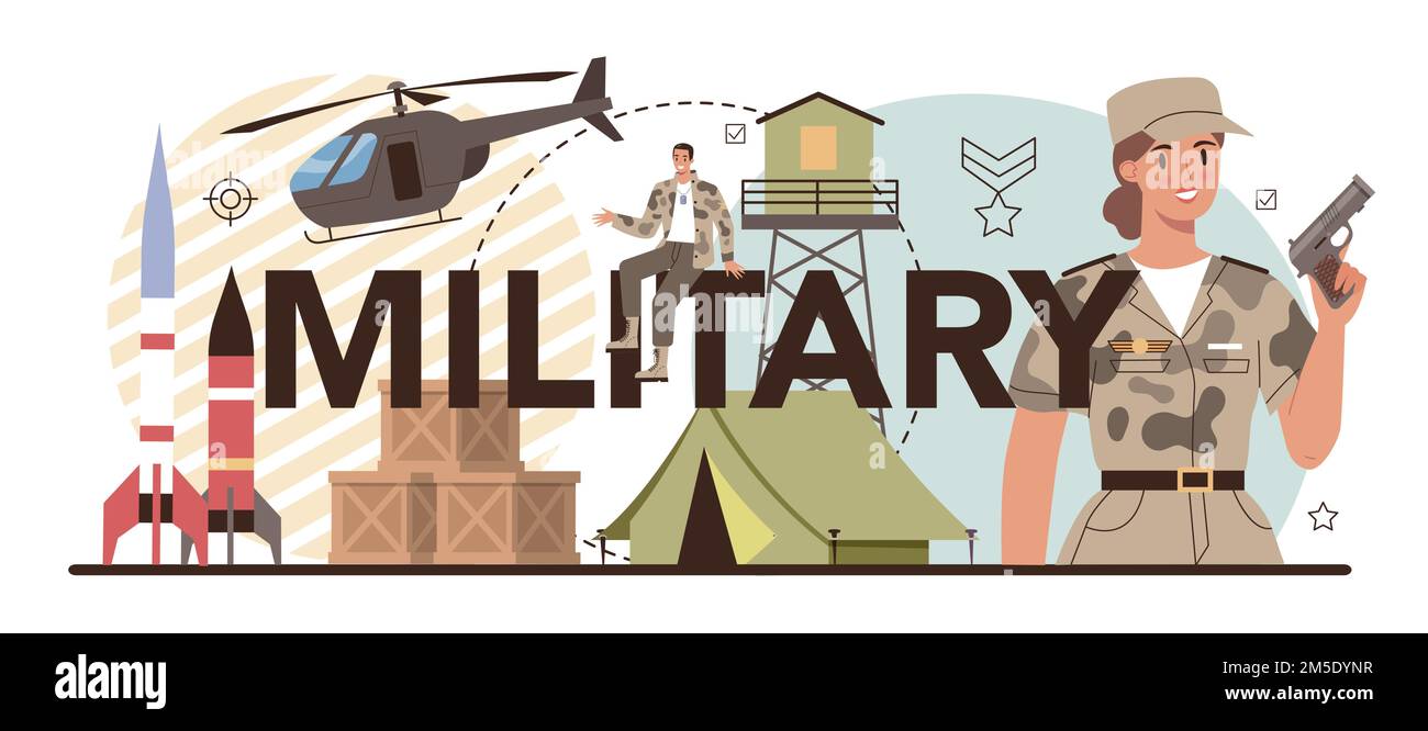 Millitary typographic header. Soldier in camouflage with a weapon. Army equipment and technology. War strategy and tactic. Isolated flat vector illust Stock Vector