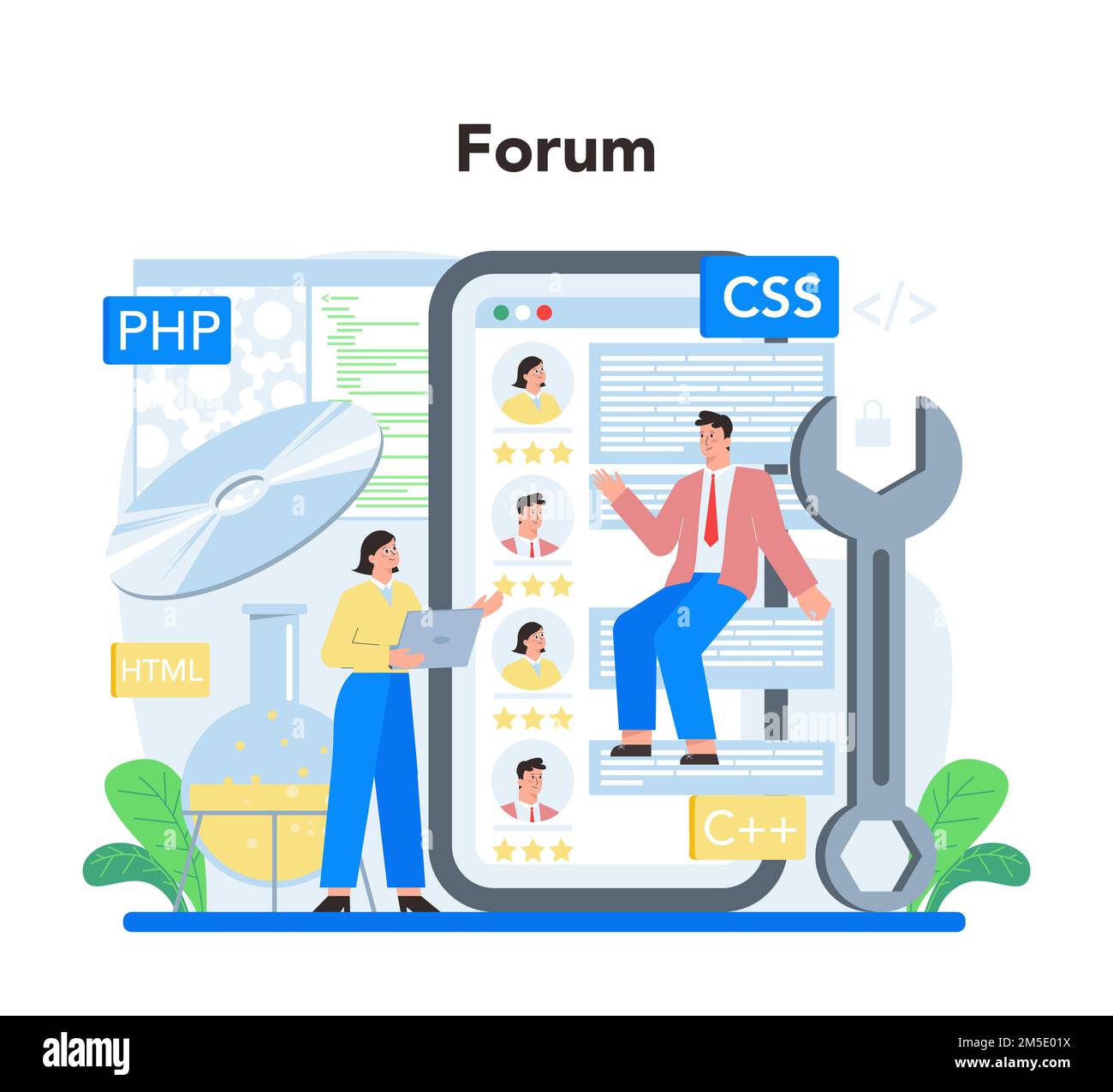 Software developer online service or platform. Idea of programming and system coding. Software developing company. Online forum. Flat vector illustrat Stock Vector