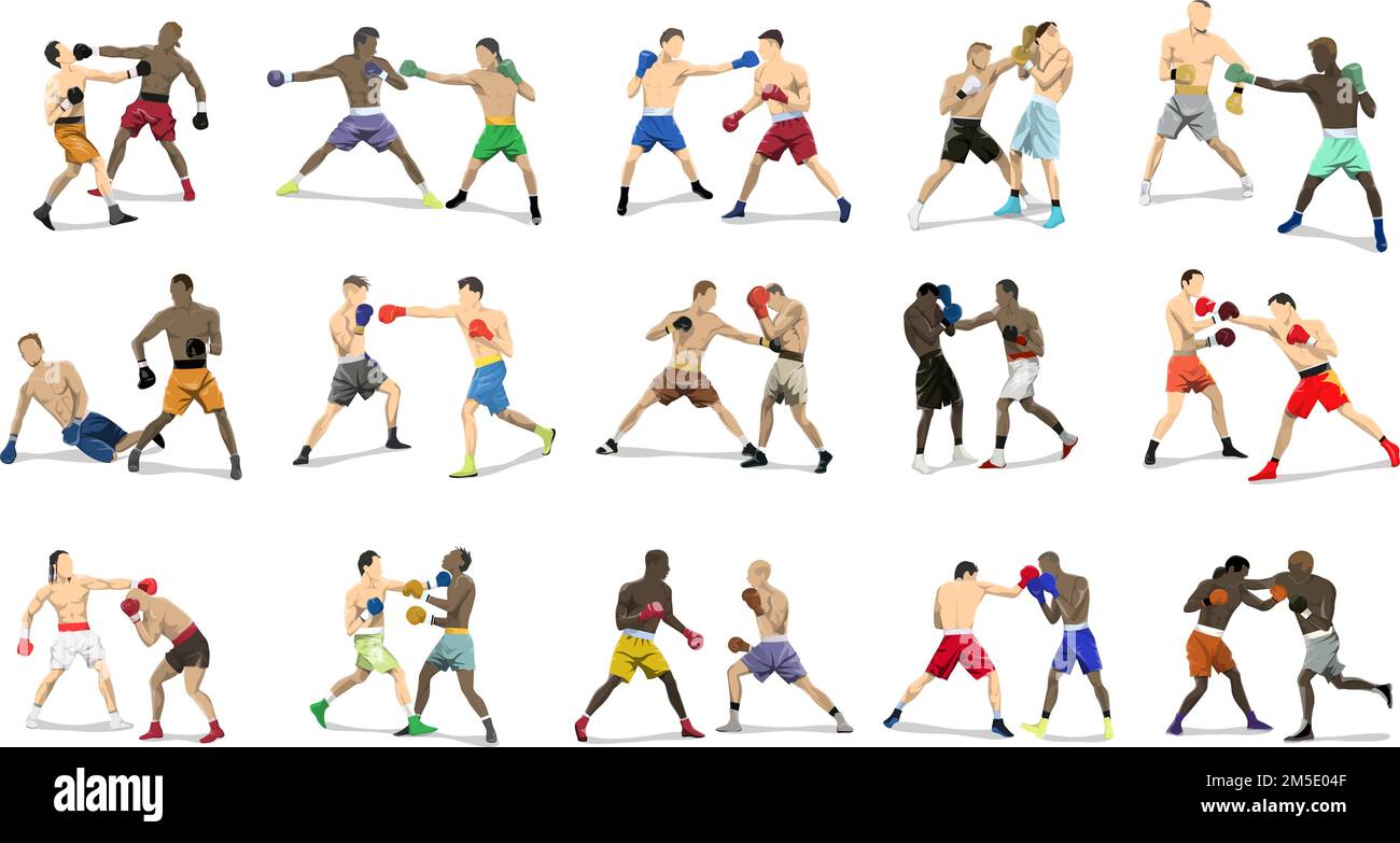Boxing pairs set. Set of boxers in outfit with gloves in sport poses on white background. Stock Vector