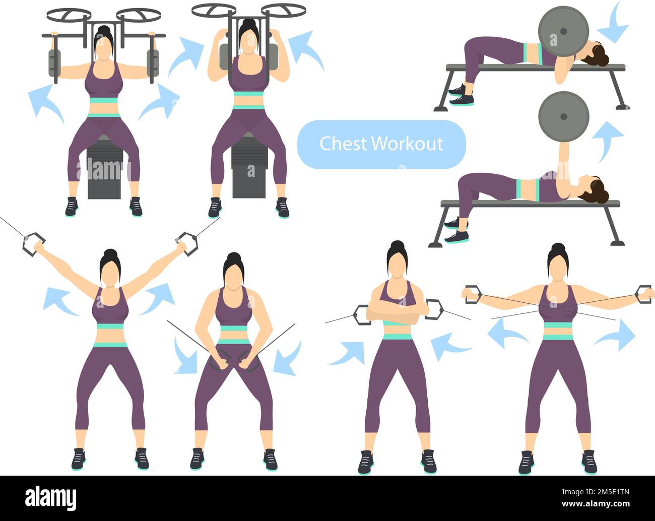 Chest workout set on white background. Exercises for women. Hard