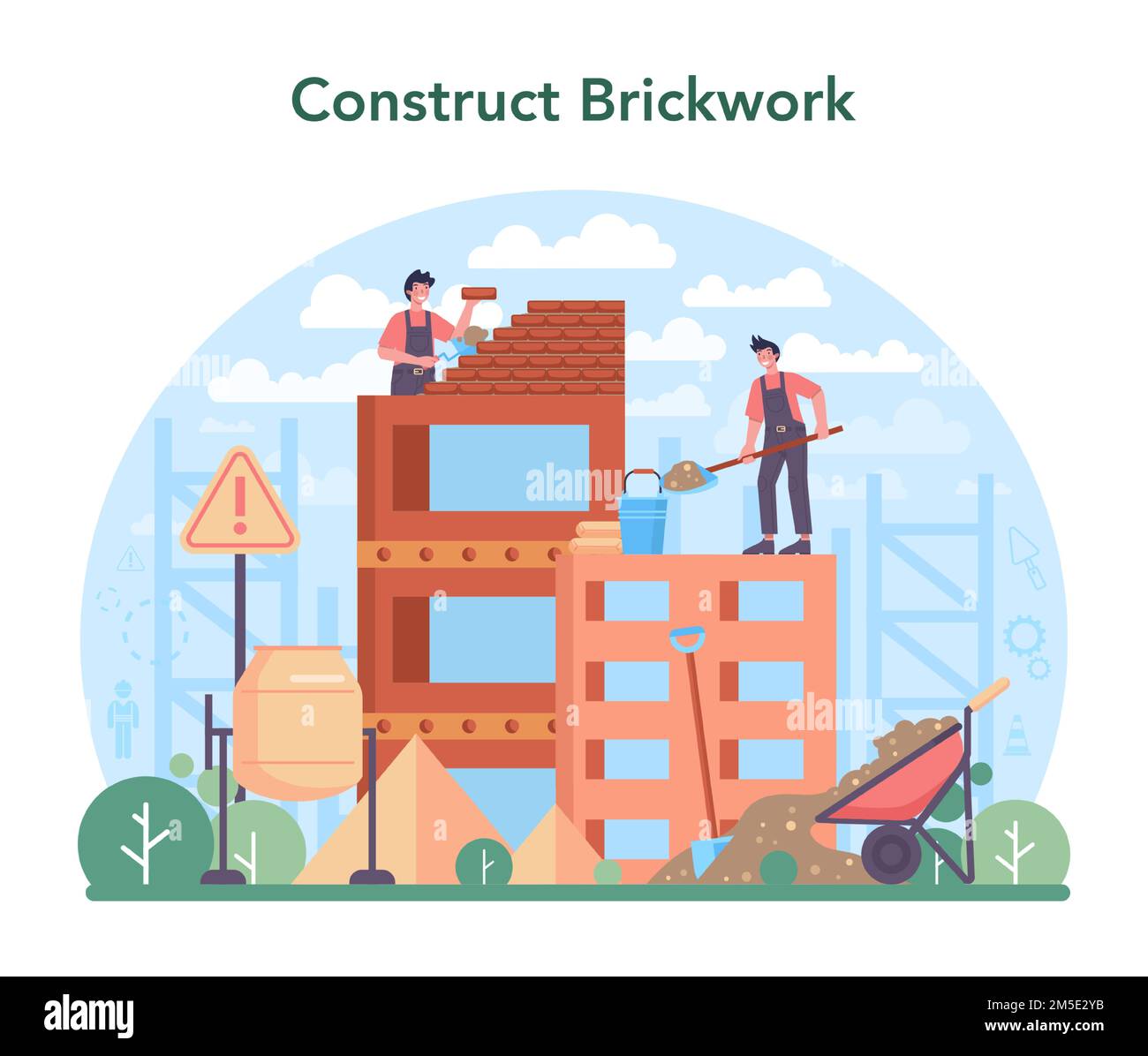 Bricklayer concept. Professional builder constructing a brick wall with tools and materials