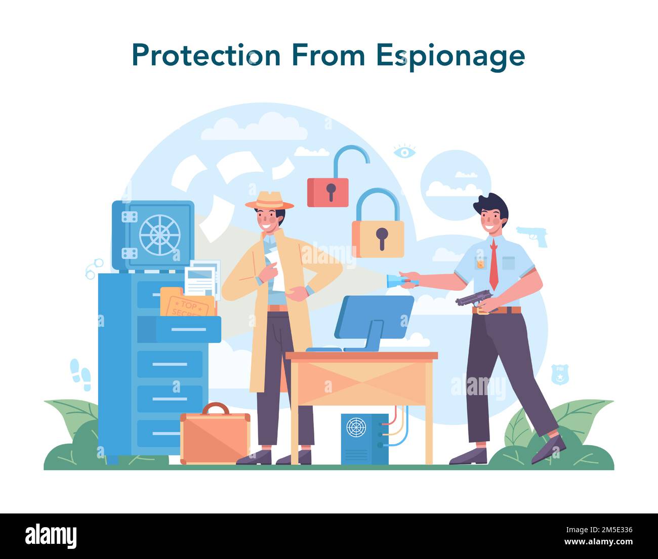 FBI agent concept. Police officer or inspector investigating crime. Protection of espionage, cyberattack and terrorist. Isolated flat vector illustrat Stock Vector