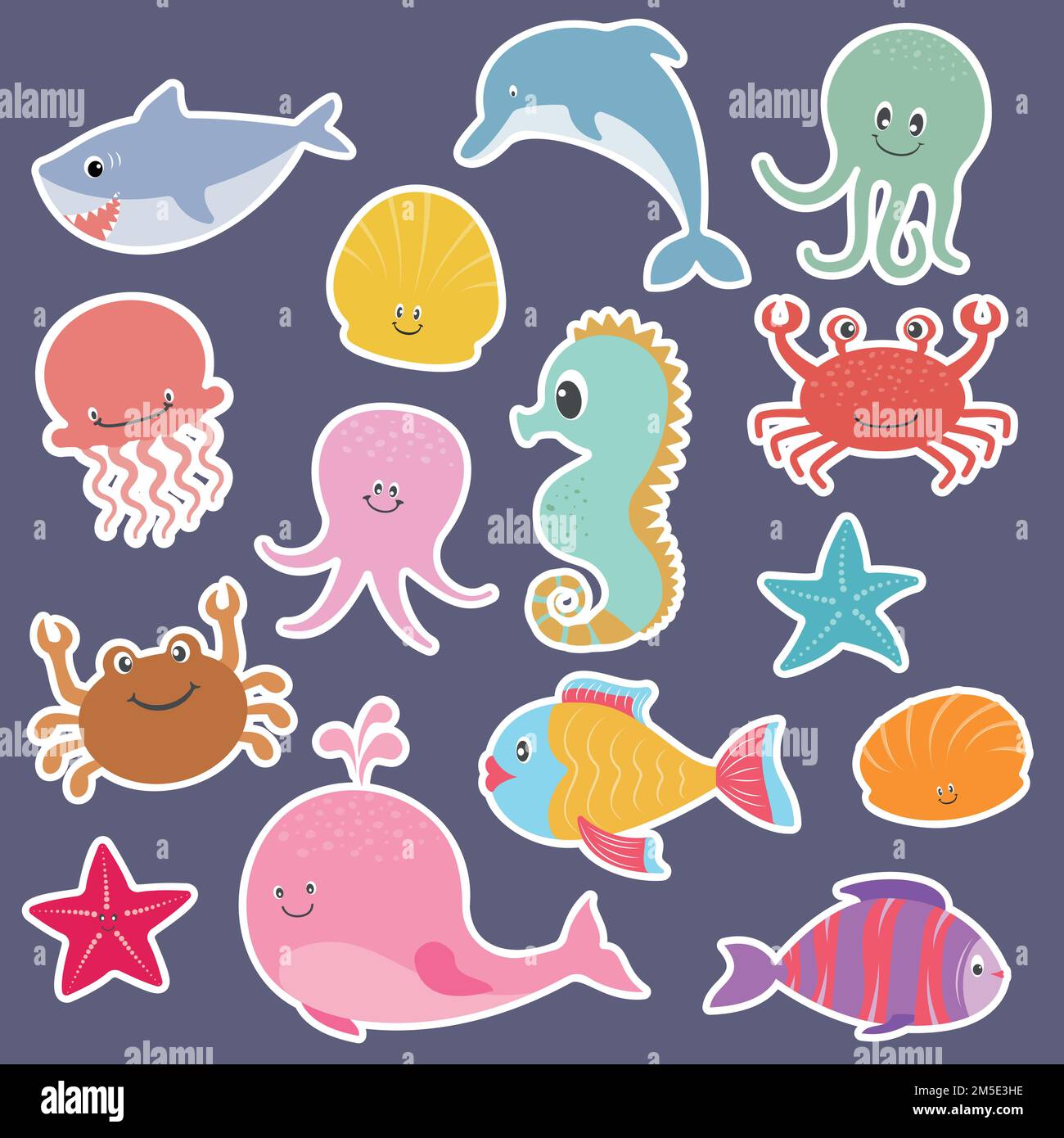 Big set cartoon sea characters animals. Collection ocean creature