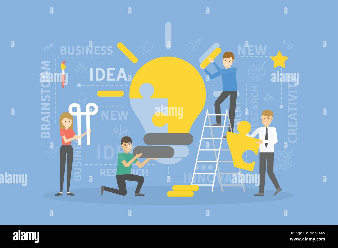Lightbulb idea puzzle. Team solving the puzzle. Teamwork Stock Vector