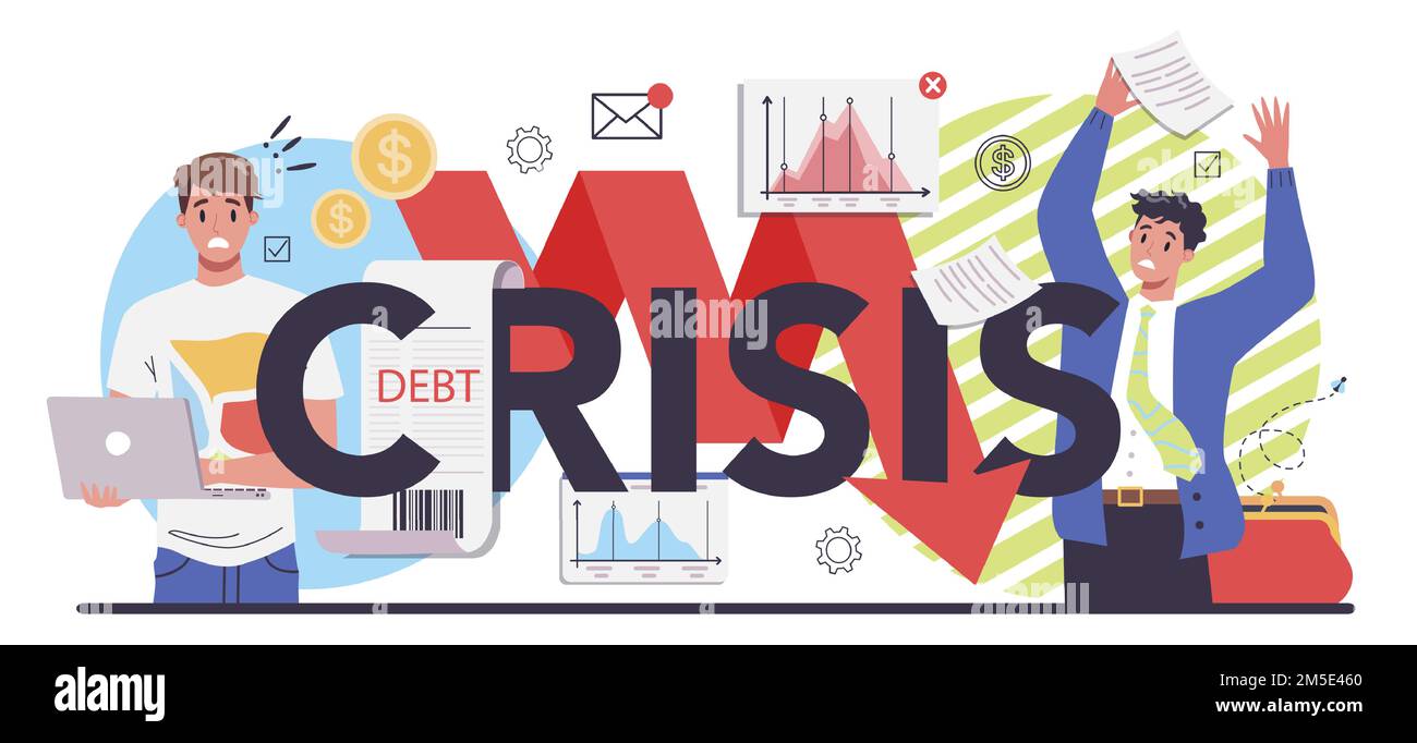 Financiall crisis typographic header. Bankruptcy with falling down profit graph and money decrease. Idea of financial and business decline and loses. Stock Vector