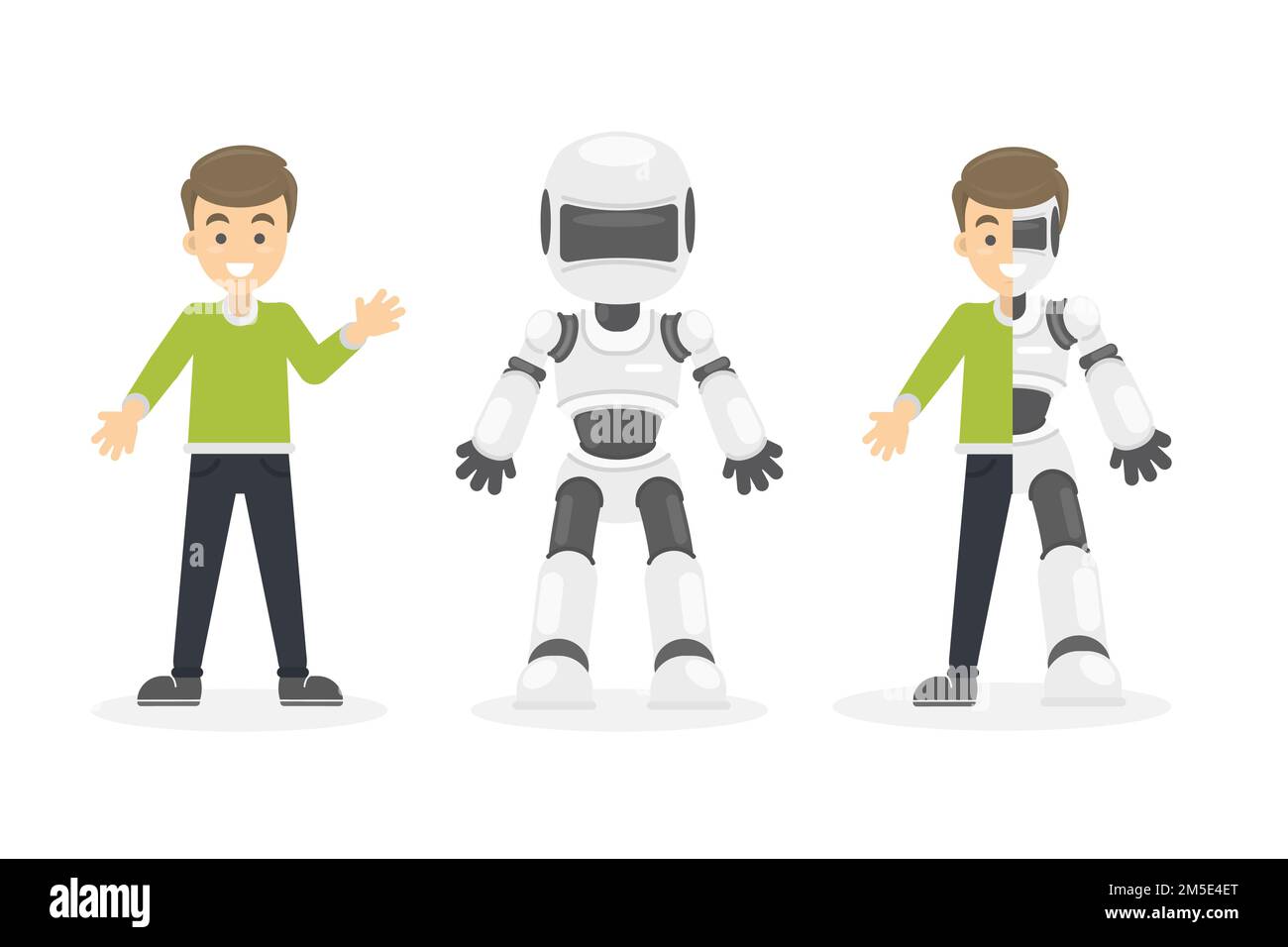 Half cyborg, half human. Isolated set of illustrations with happy smiling man and white robot. Stock Vector