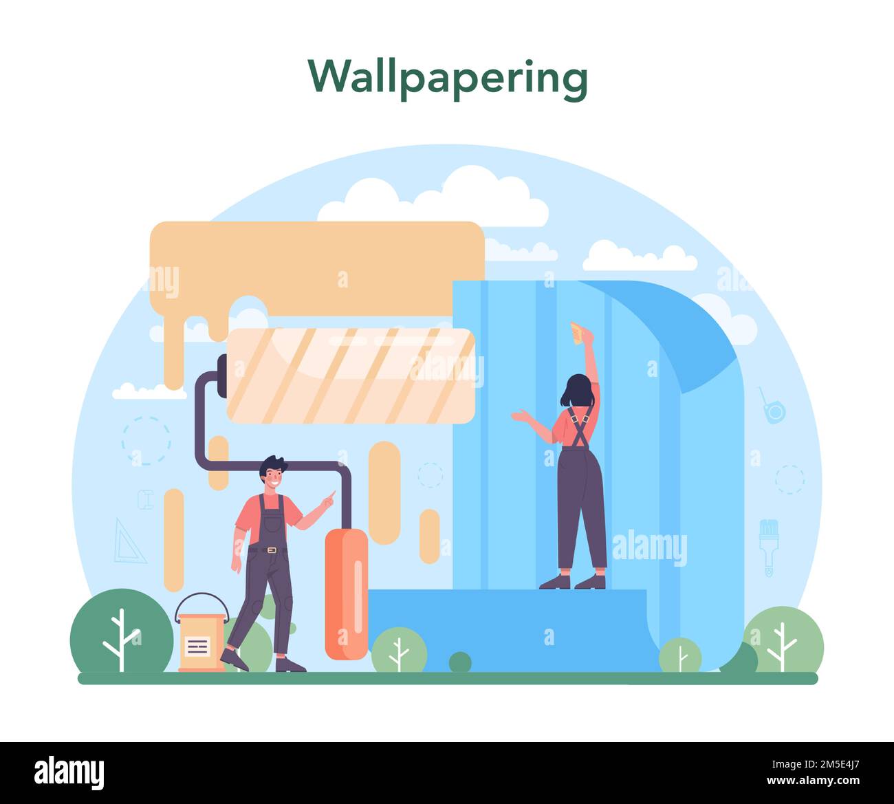 Wall papering. Worker gluing wallpapers on the wall. Professional