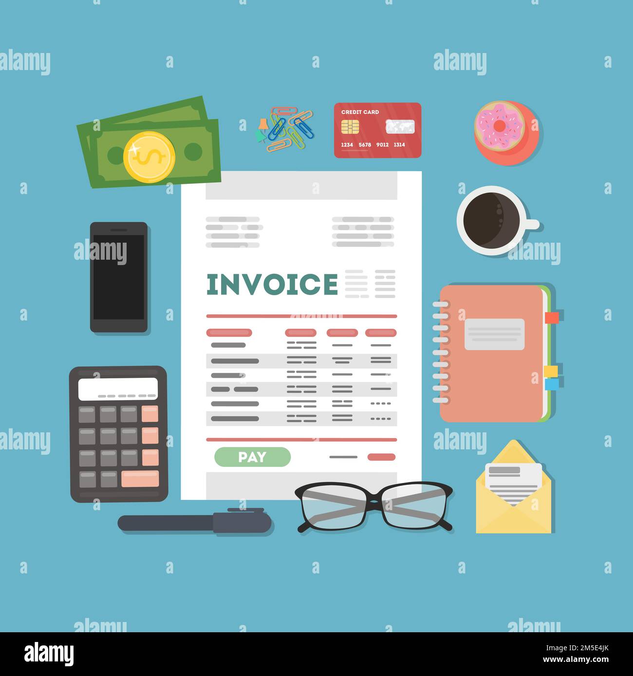 Invoice concept illustration. Invoice documents with calculator, mpney