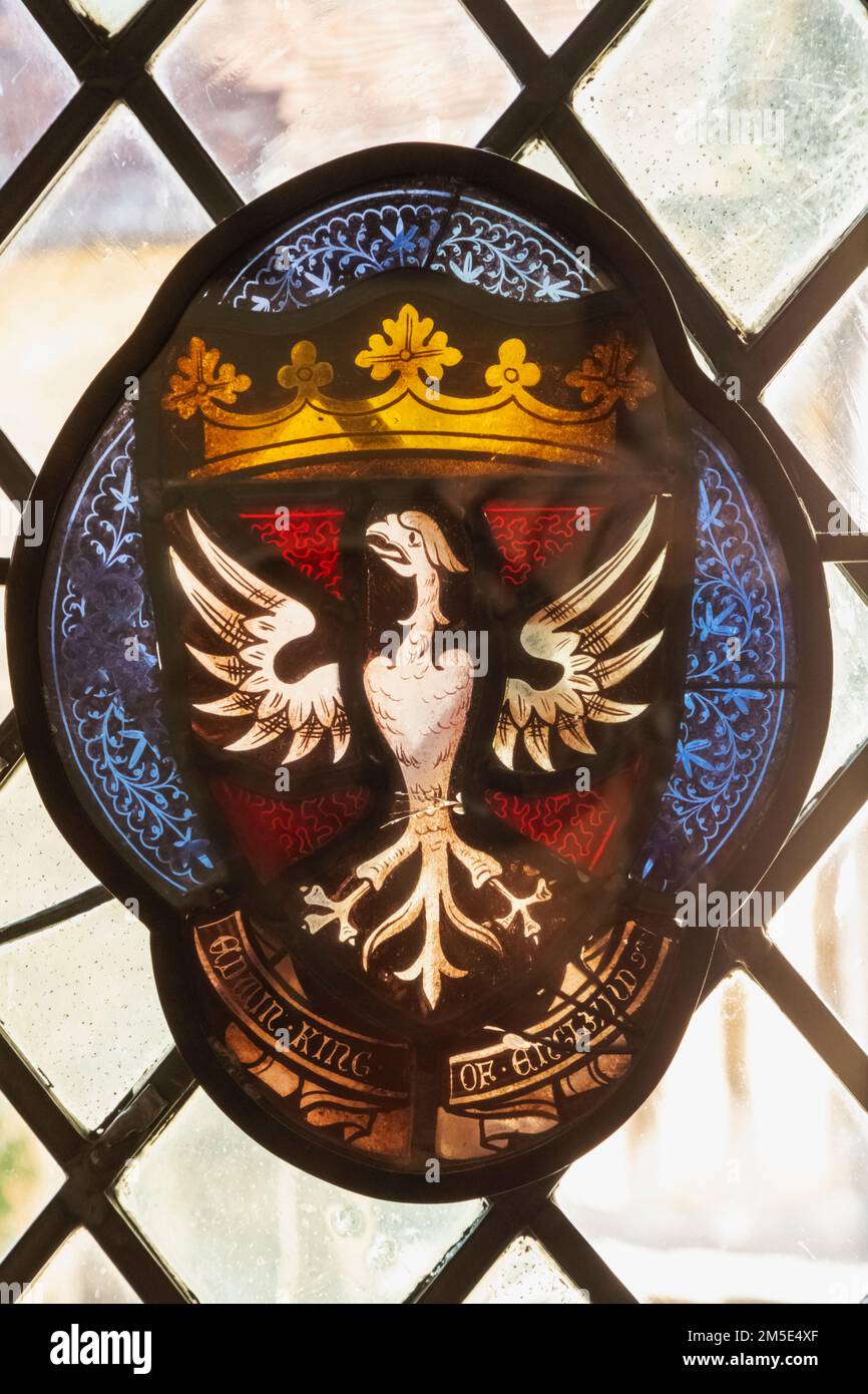 England, Kent, Sevenoaks, Ightham Mote, 14th century Moated Manor House, Stained Glass Window depicting The Coat of Arms of Edwin King of England Stock Photo