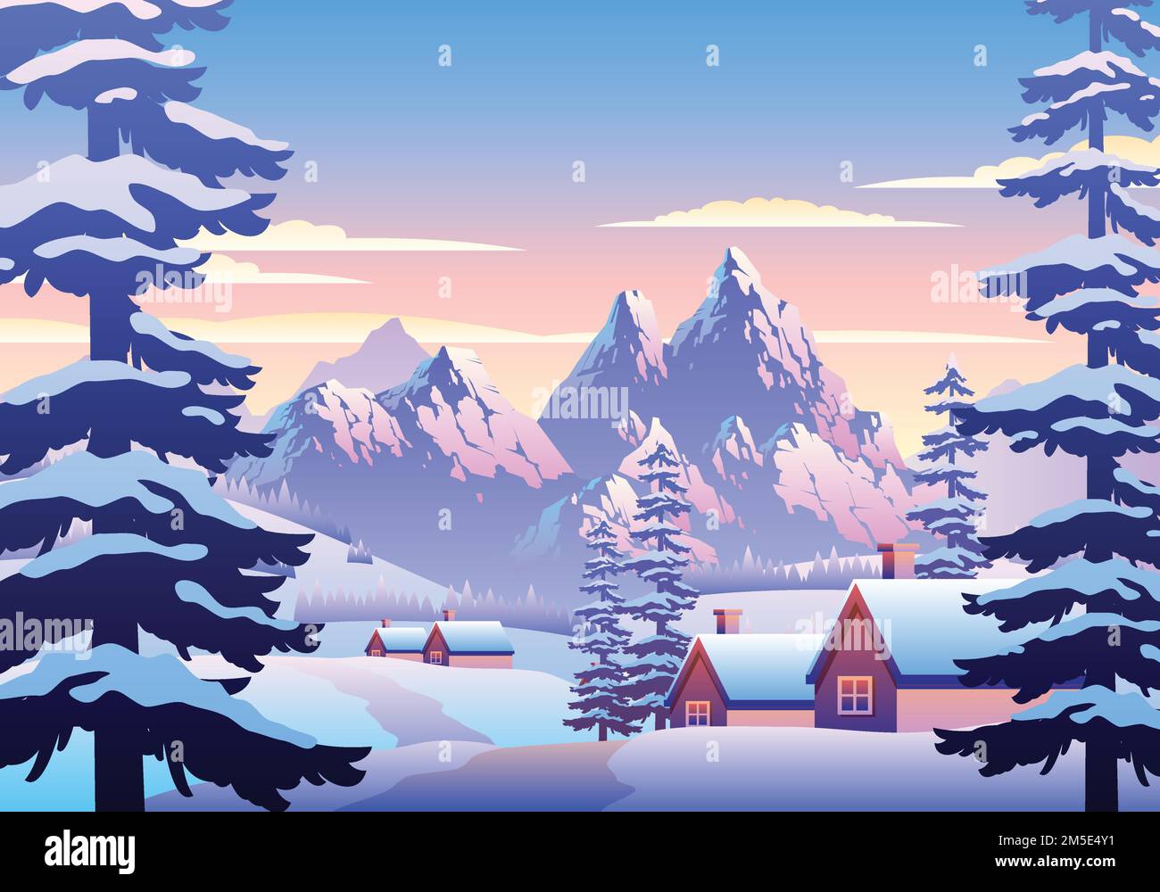 A vector background of Snowy Winter Landscape Illustration With Houses ...