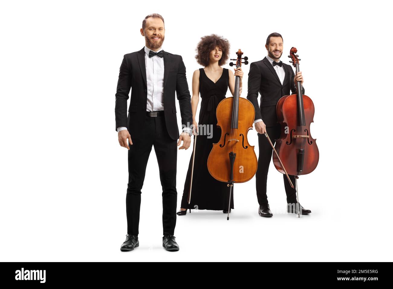 Young elegant musicians standing with cello instrument isolated on white background Stock Photo