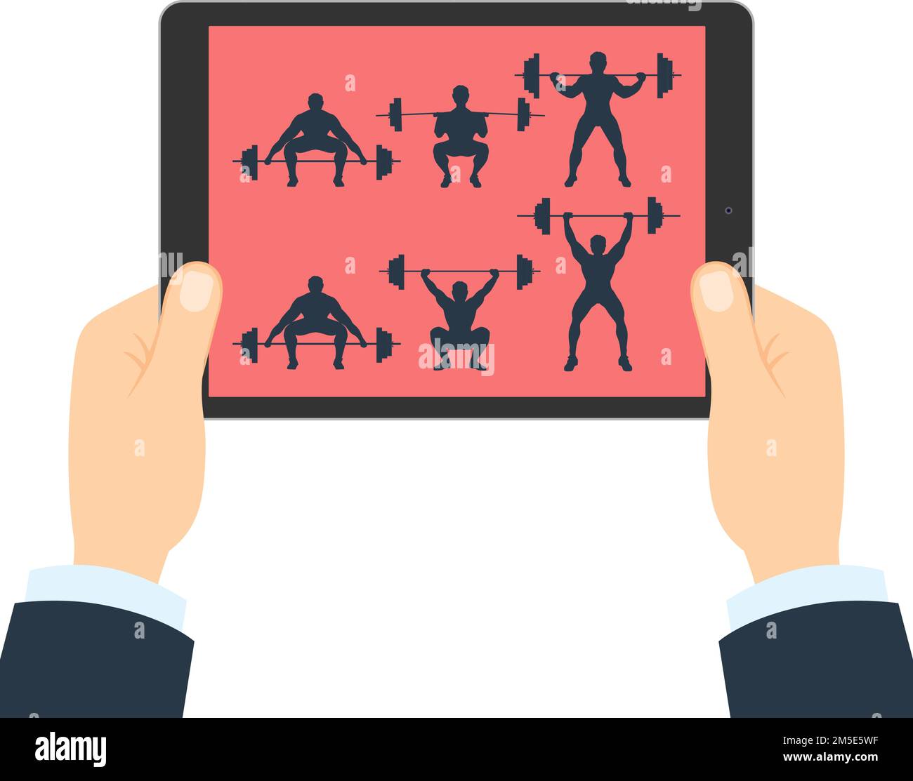 Fitness app for tablet. Hands holding tablet. Bodybuilding app. How to