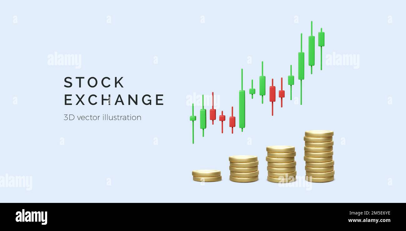Stock exchange trading concept with candlestick chart and stack of gold coins. Business and