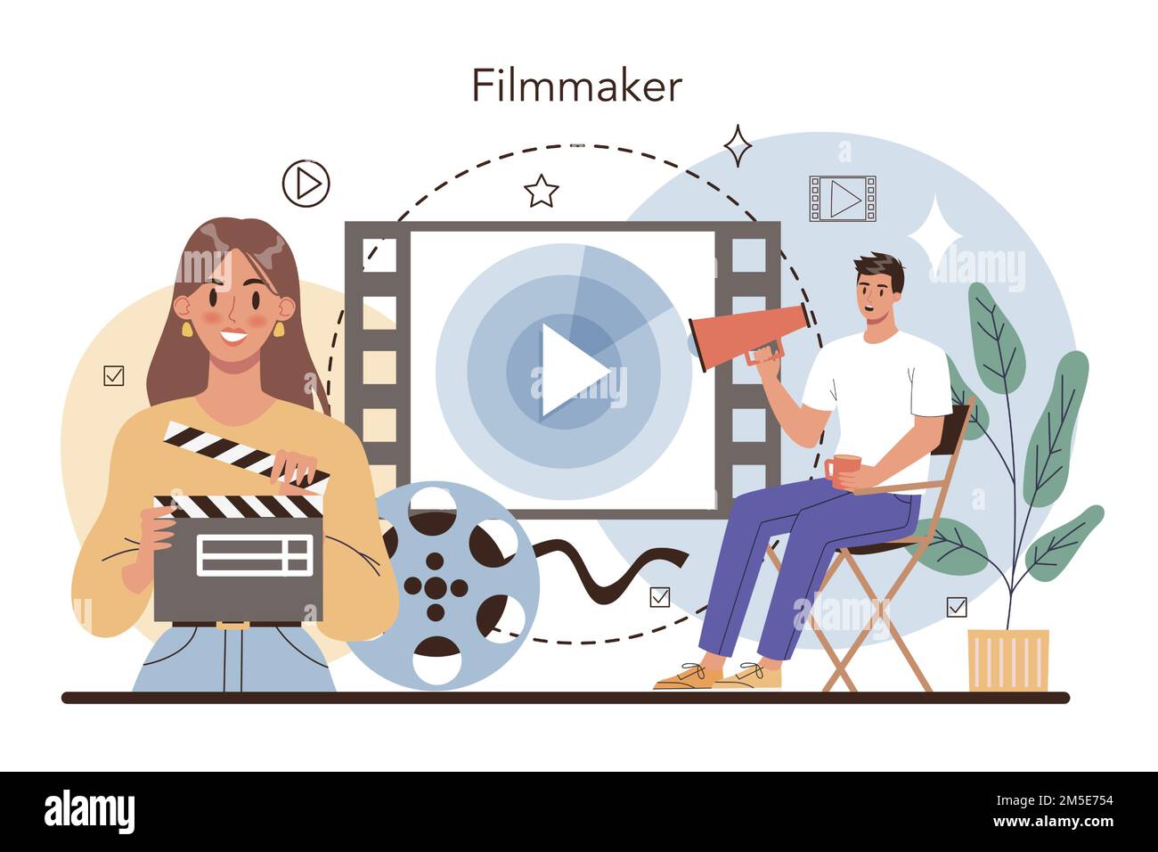 Film director concept. Movie director leading a filming process. Clapper and camera, equipment