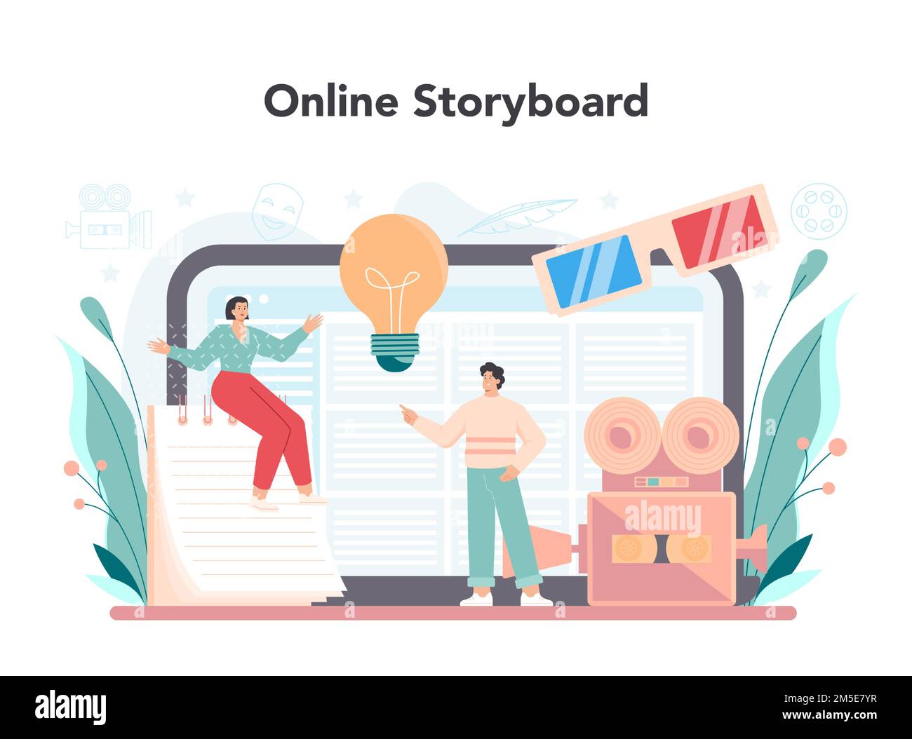 Screenwriter online service or platform. Playwright create a screenplay for movie. Online storyboard. Isolated vector illustration Stock Vector