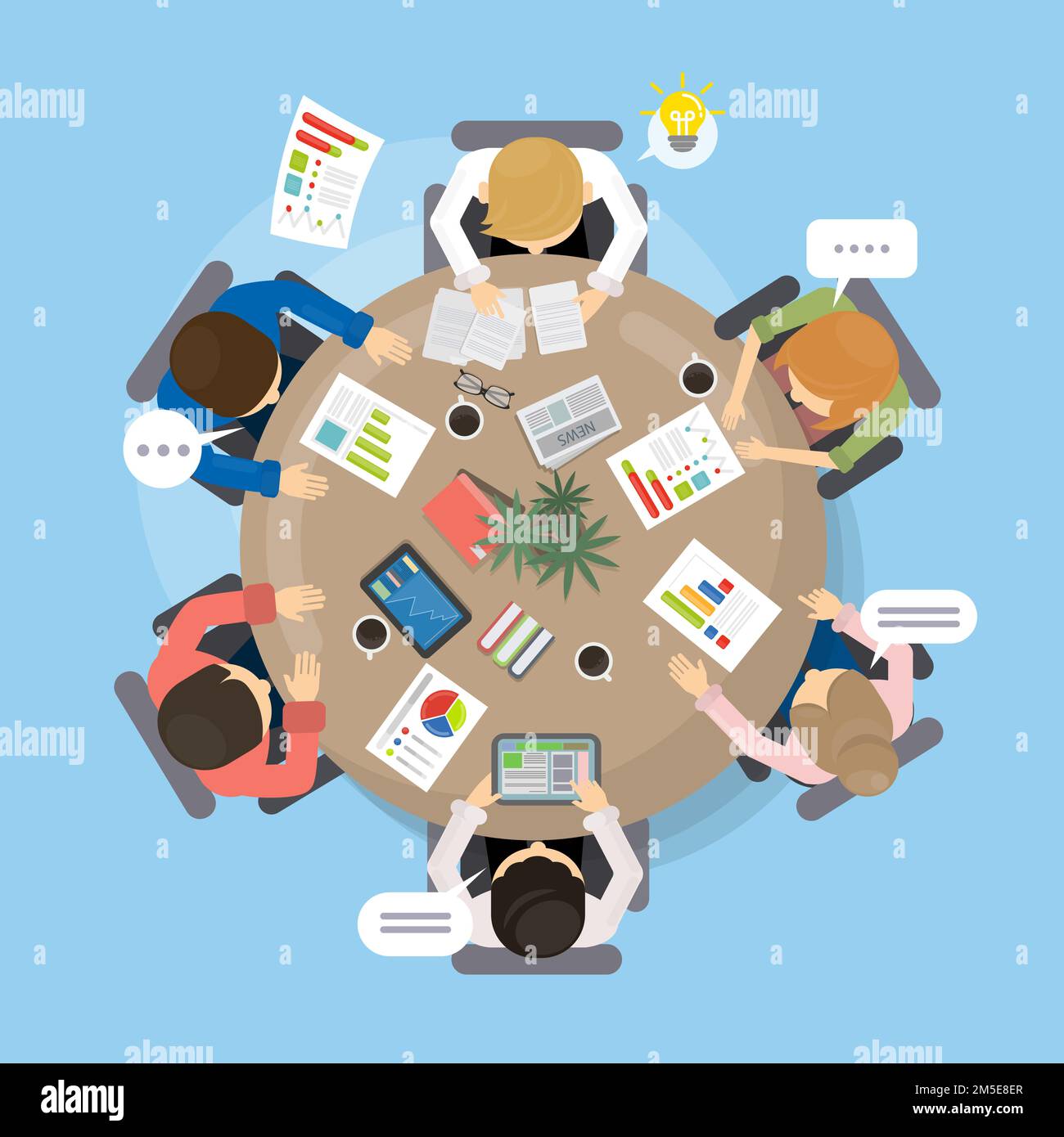 Office table with team and laptops top view. Round table Stock Vector