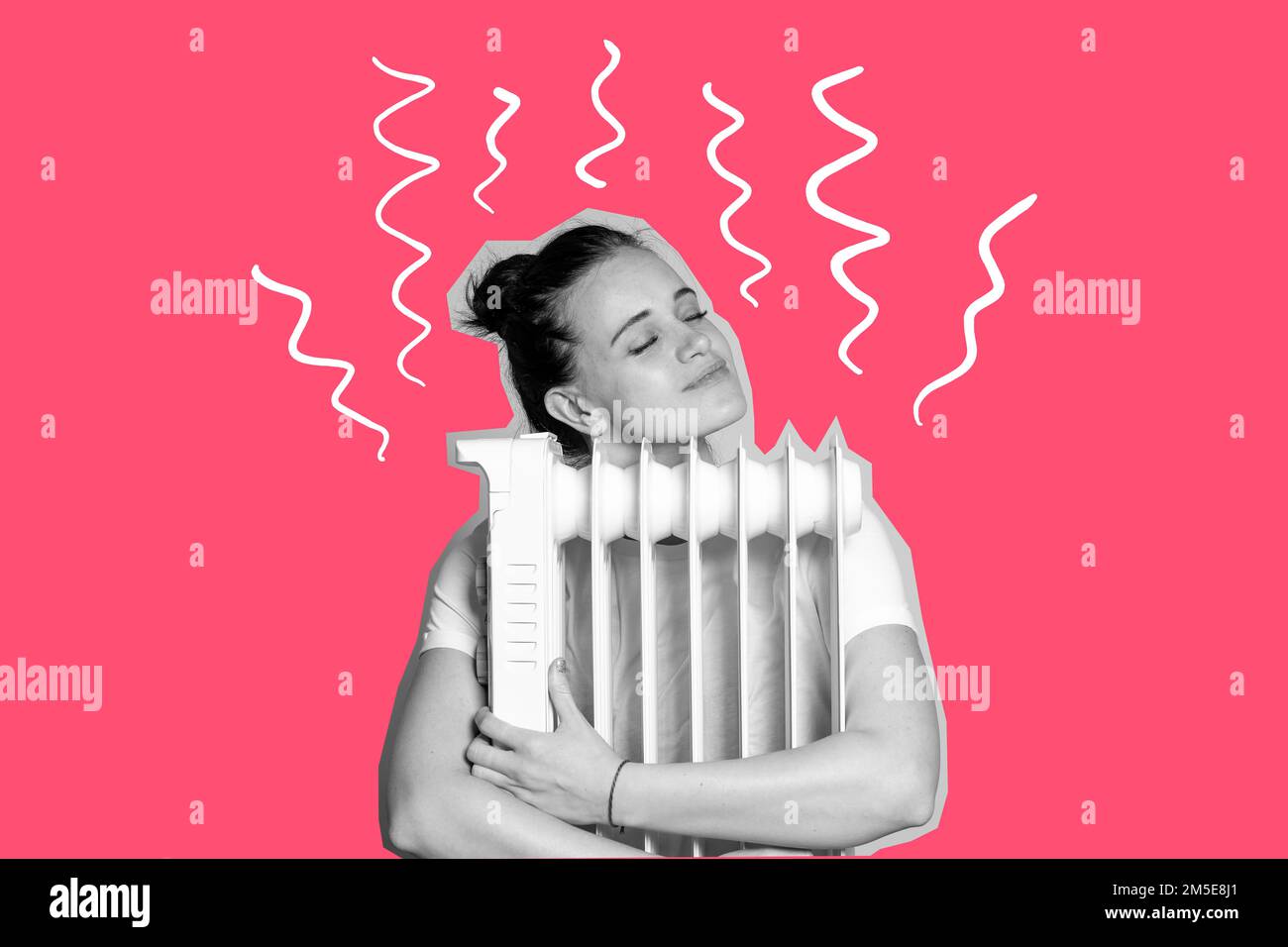 Photo collage of a woman hugging a warm radiator in a black-white ...