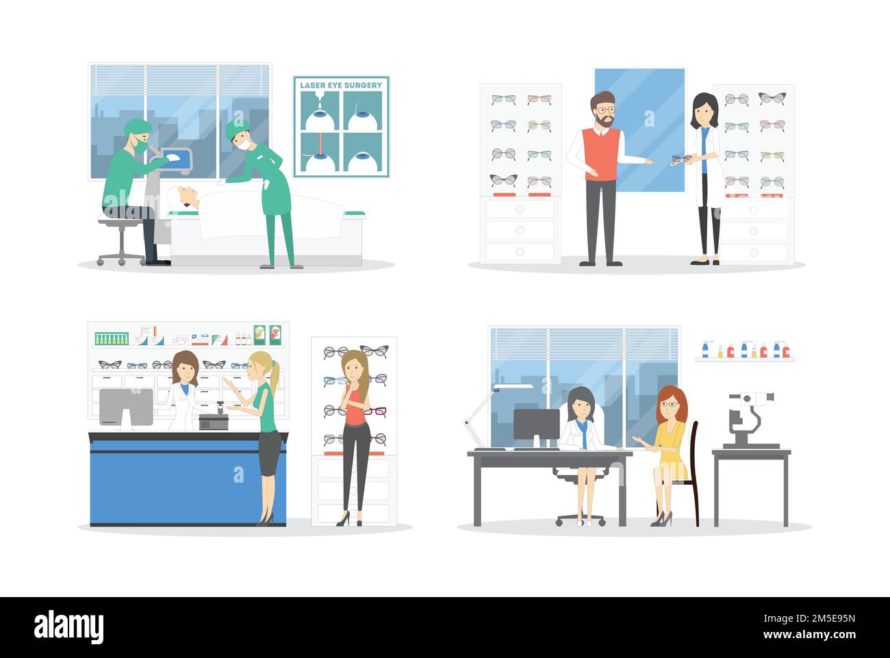 People at eyeglasses store set. Checking vision and choosing glasses on white background Stock