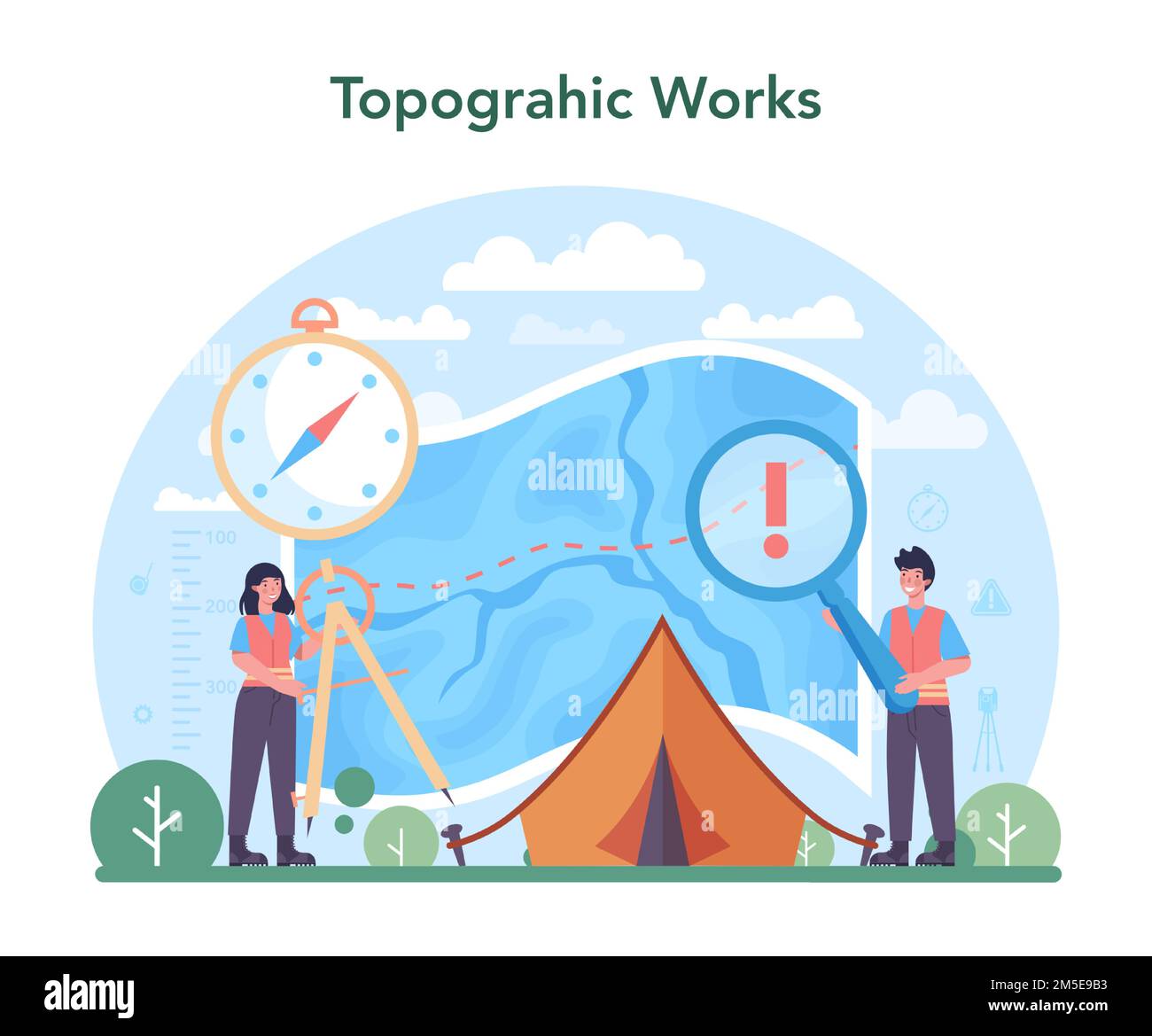 Surveyor concept. Land surveying technology, geodesy science. Engineering and topography equipment. People with compass, map and topographic equipment Stock Vector