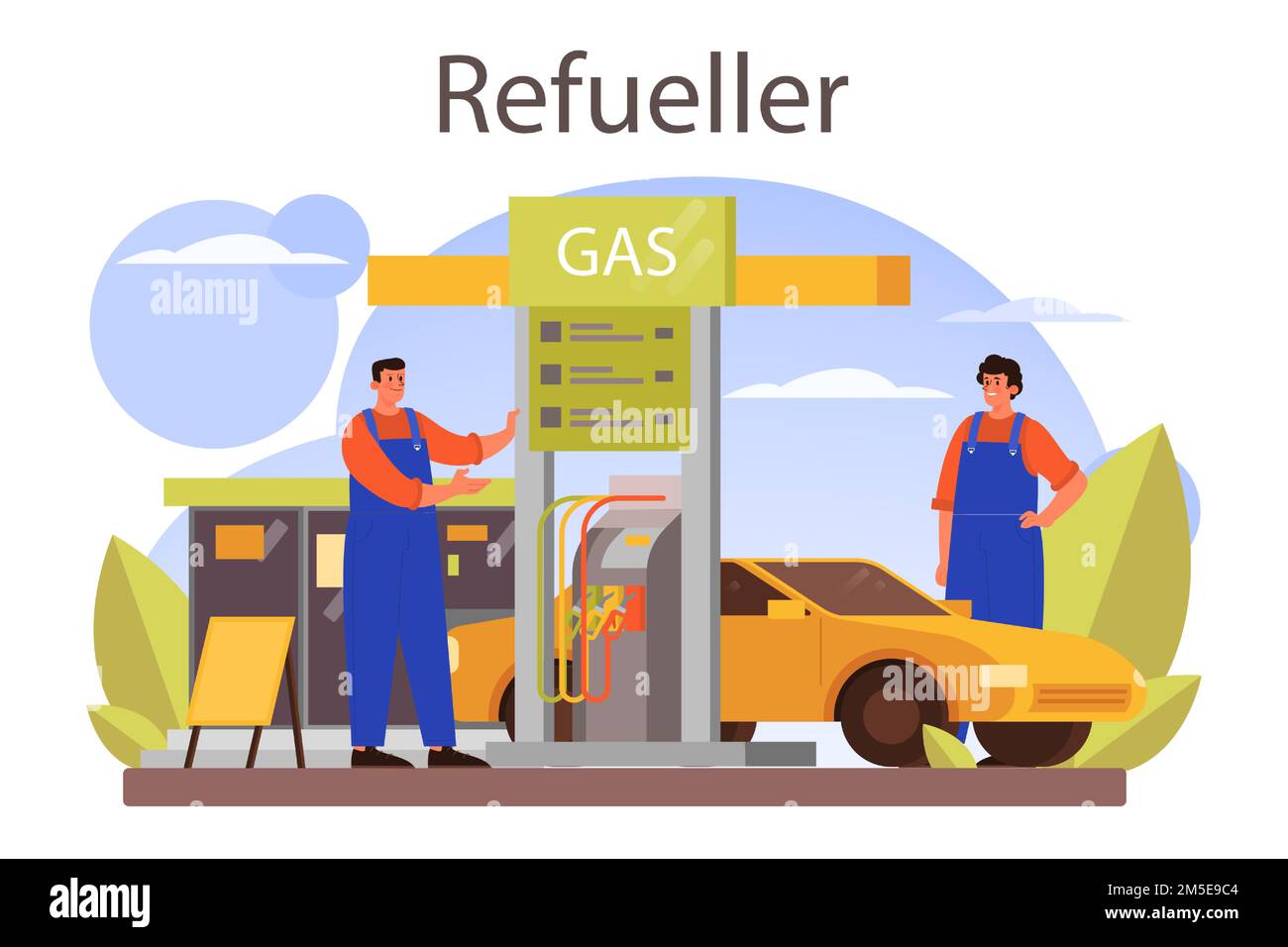 Refueler concept. Gas station worker in uniform working with a filling gun. Man pouring fuel into car in petroleum station. Isolated vector illustrati Stock Vector
