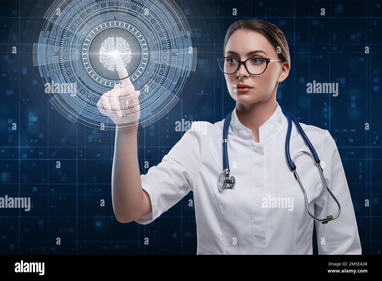 Woman doctor pointing hud futuristic interface. Brain examination concept Stock Photo