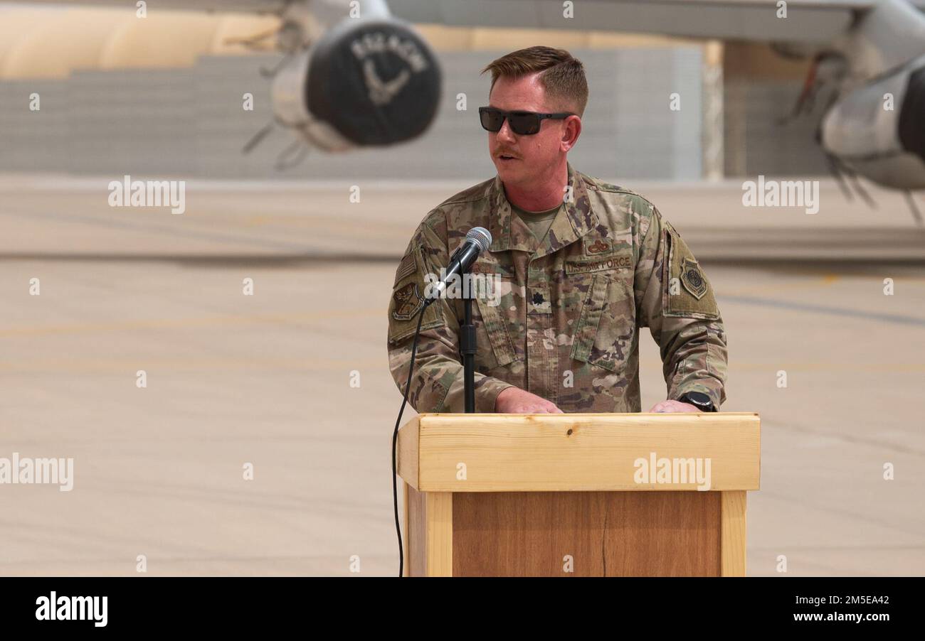 U.S. Air Force Lt. Col. Jason Purcell, incoming 378th Expeditionary Aircraft Maintenance Squadron commander, makes remarks during the 378th EAMXS unit activation ceremony at Prince Sultan Air Base, Kingdom of Saudi Arabia. Formerly the 380th Expeditionary Aircraft Maintenance Squadron of Al Dhafra Air Base, United Arab Emirates, the unit along with it’s U.S. Air Force KC-10 Extenders and E-3 Sentries recently relocated permanently to PSAB. Stock Photo