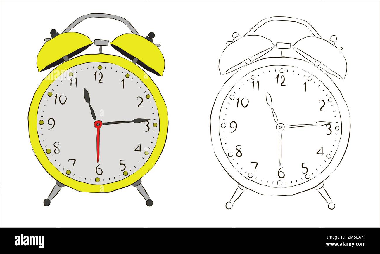 Old yellow and black and white alarm clock. Drawn alarm clock Stock ...