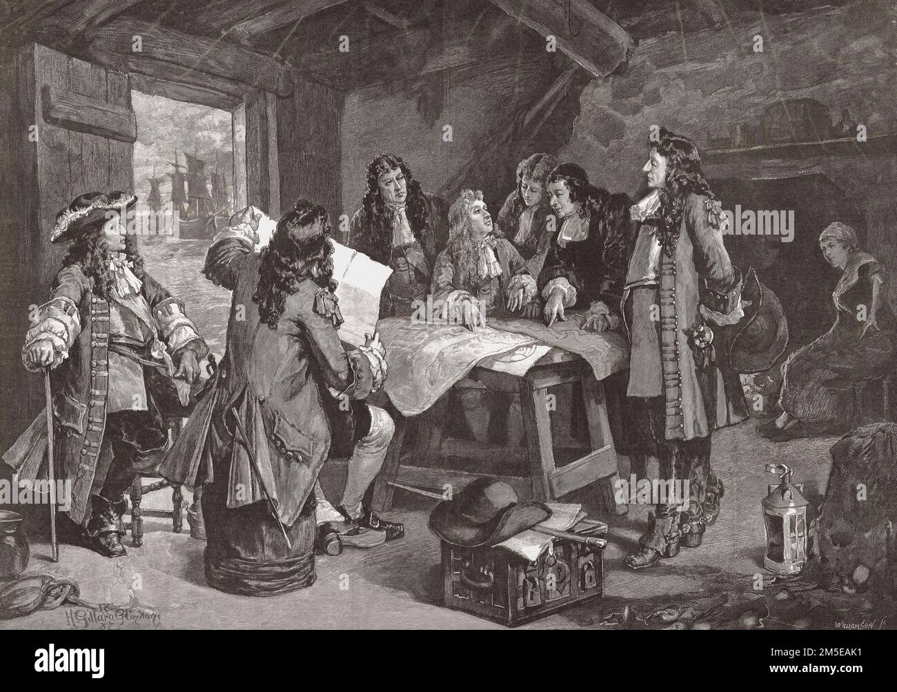William, Prince of Orange (later King William III) holds war council after landing in Brixham in Torbay, Devon, England, November 5, 1688.  After a late 19th century print by Williamson from the painting by Henry Gillard Glindoni. Stock Photo