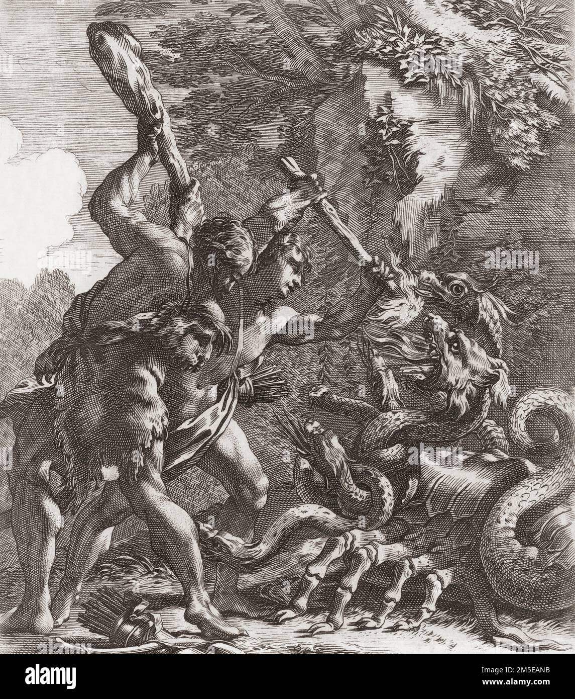 Hercules kills  the Hydra, the second of Hercules' twelve labours.  Hercules' nephew Iolaus is doing battle with him against the monster.  From a print by Michel Dorigny after the painting by Simon Vouet. Stock Photo