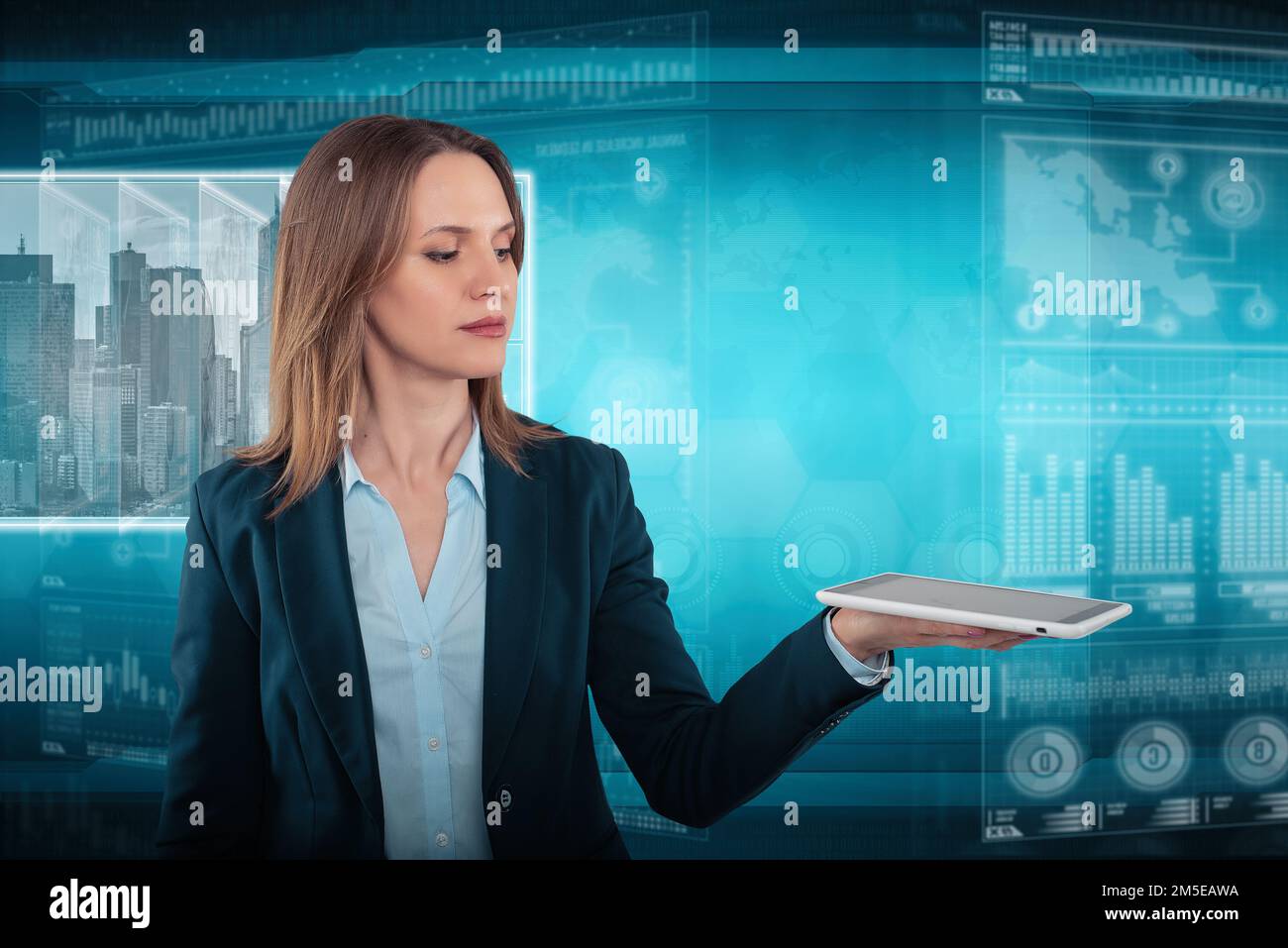 Young business lady in futuristic office. Global corporate concept Stock Photo
