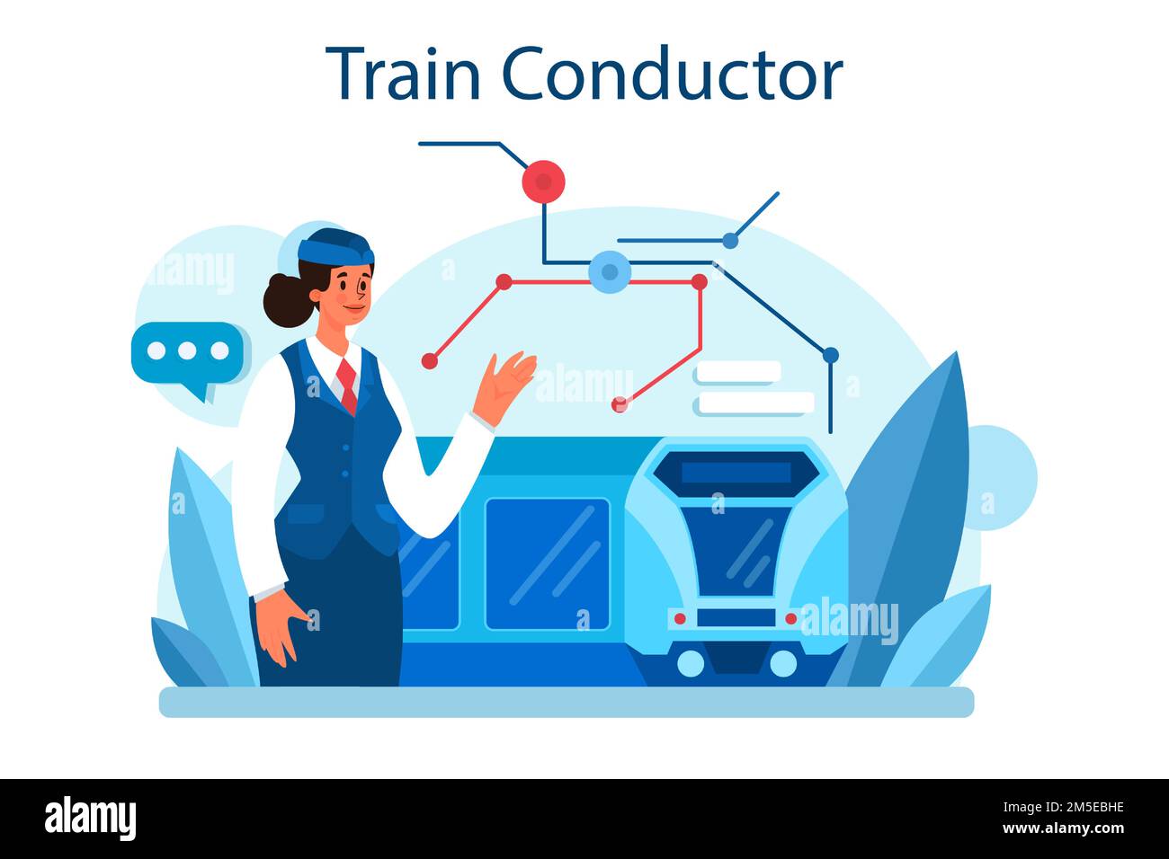 Train conductor. Railway worker in uniform on duty. Train attendant help passenger in journey. Traveling by train. Idea of professional occupation and Stock Vector