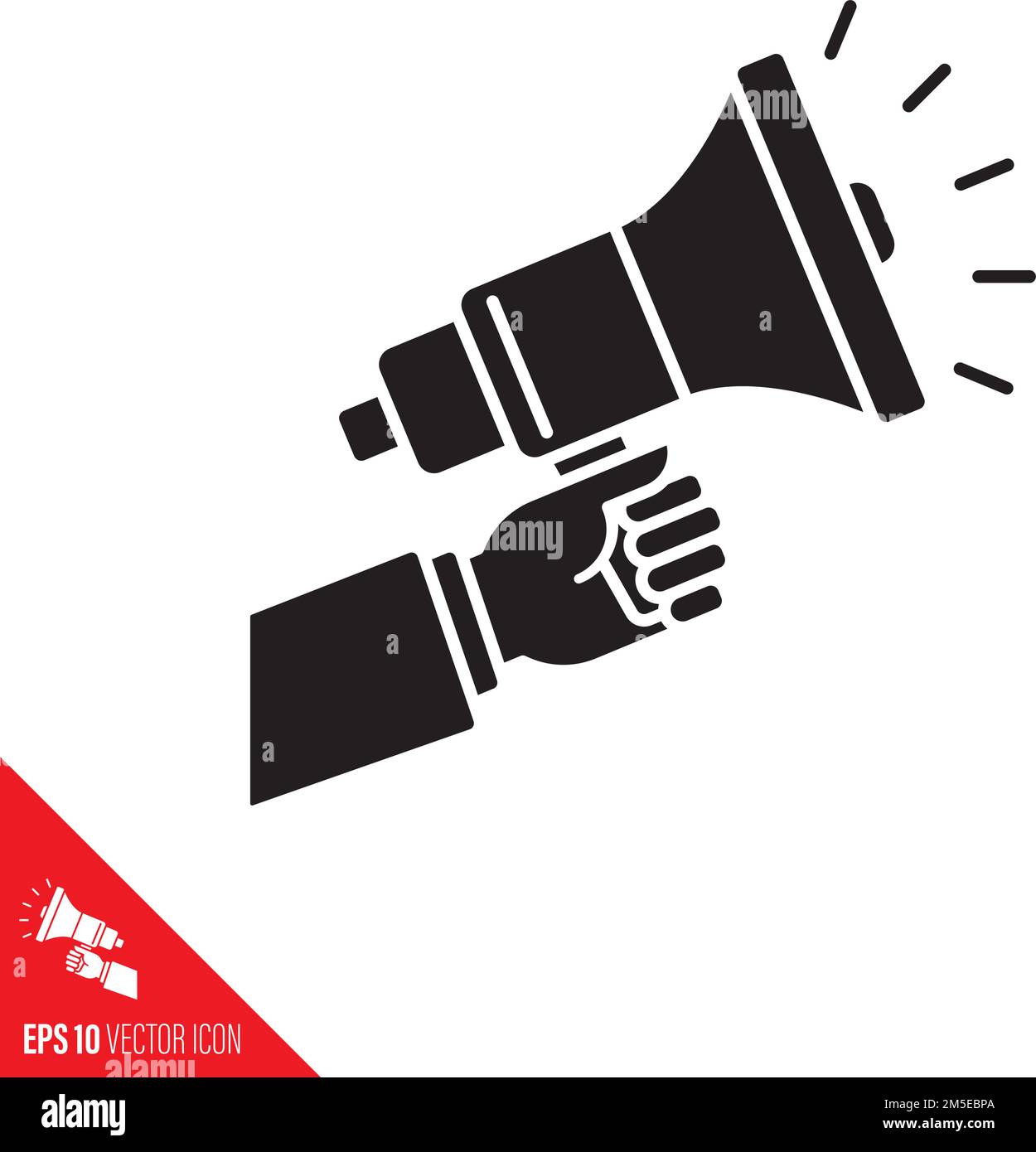 Hand of businessman holding a megaphone vector line icon. Politics, marketing and advertising outline symbol. Stock Vector