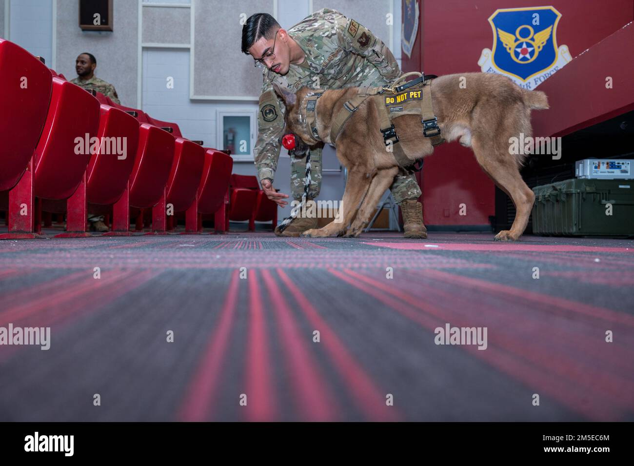 Senior Airman Victor Diaz, 28th Security Forces Squadron military working dog handler, runs through a military working dog team certification with Lezer, 28th Security Forces Squadron military working dog, at Ellsworth Air Force Base, S.D., March 7, 2022. Once certified, the dog team will be able to deploy together, work together for base support, and accomplish U.S. Secret Service missions. Stock Photo