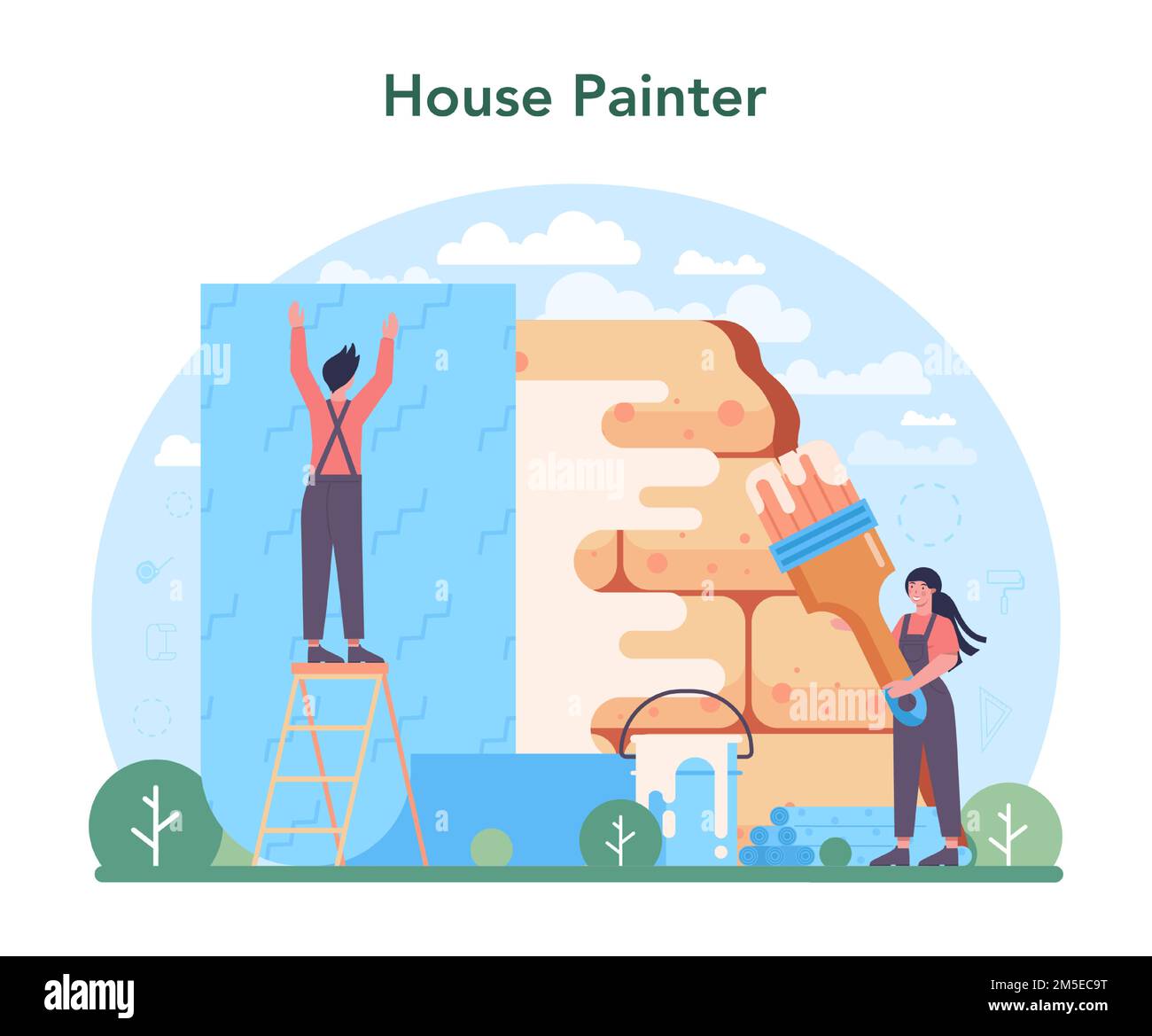 Wall papering. Worker gluing wallpapers on the wall. Professional