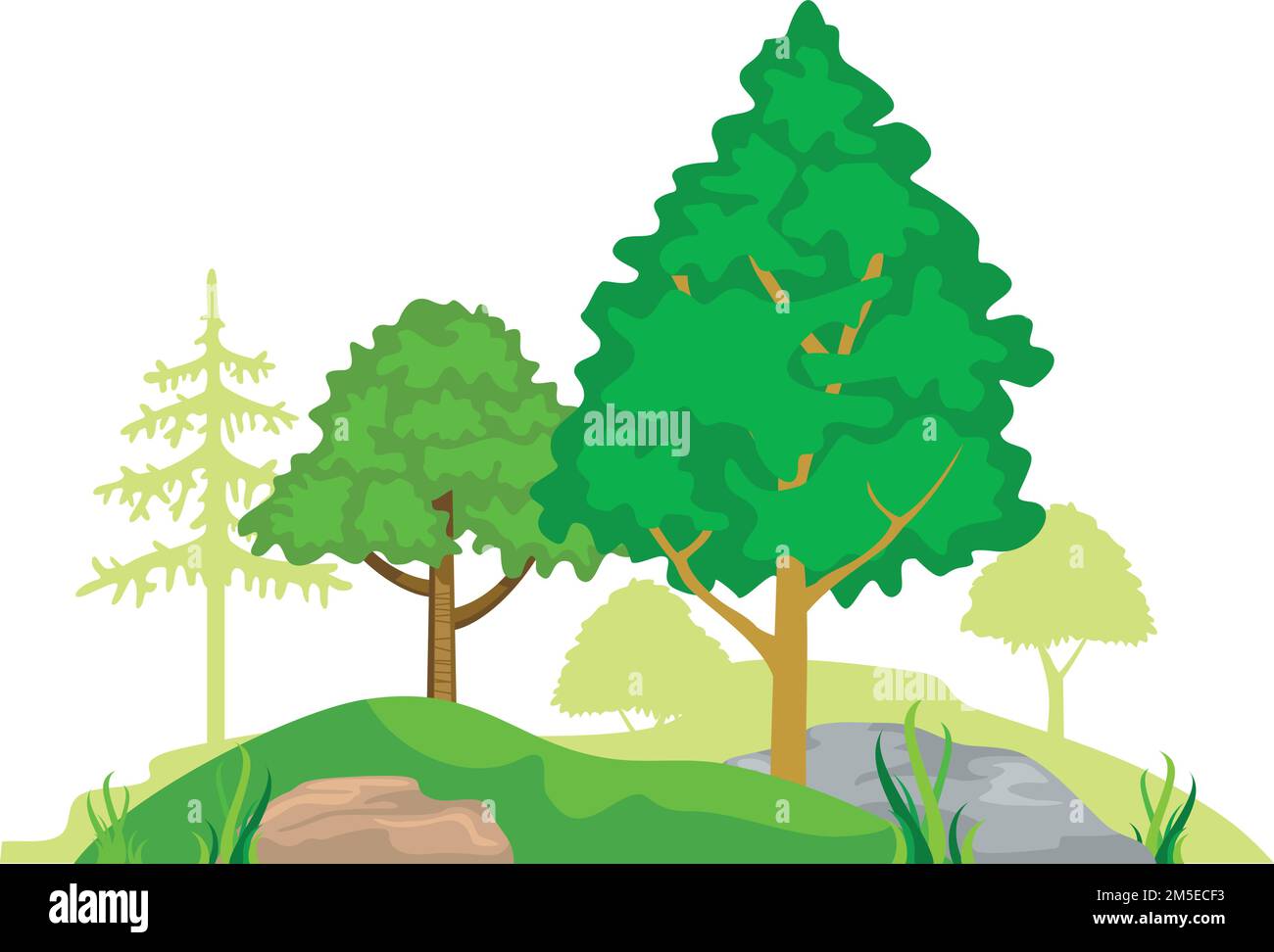 Rocky ground with growing trees. Natural forest landscape Stock Vector
