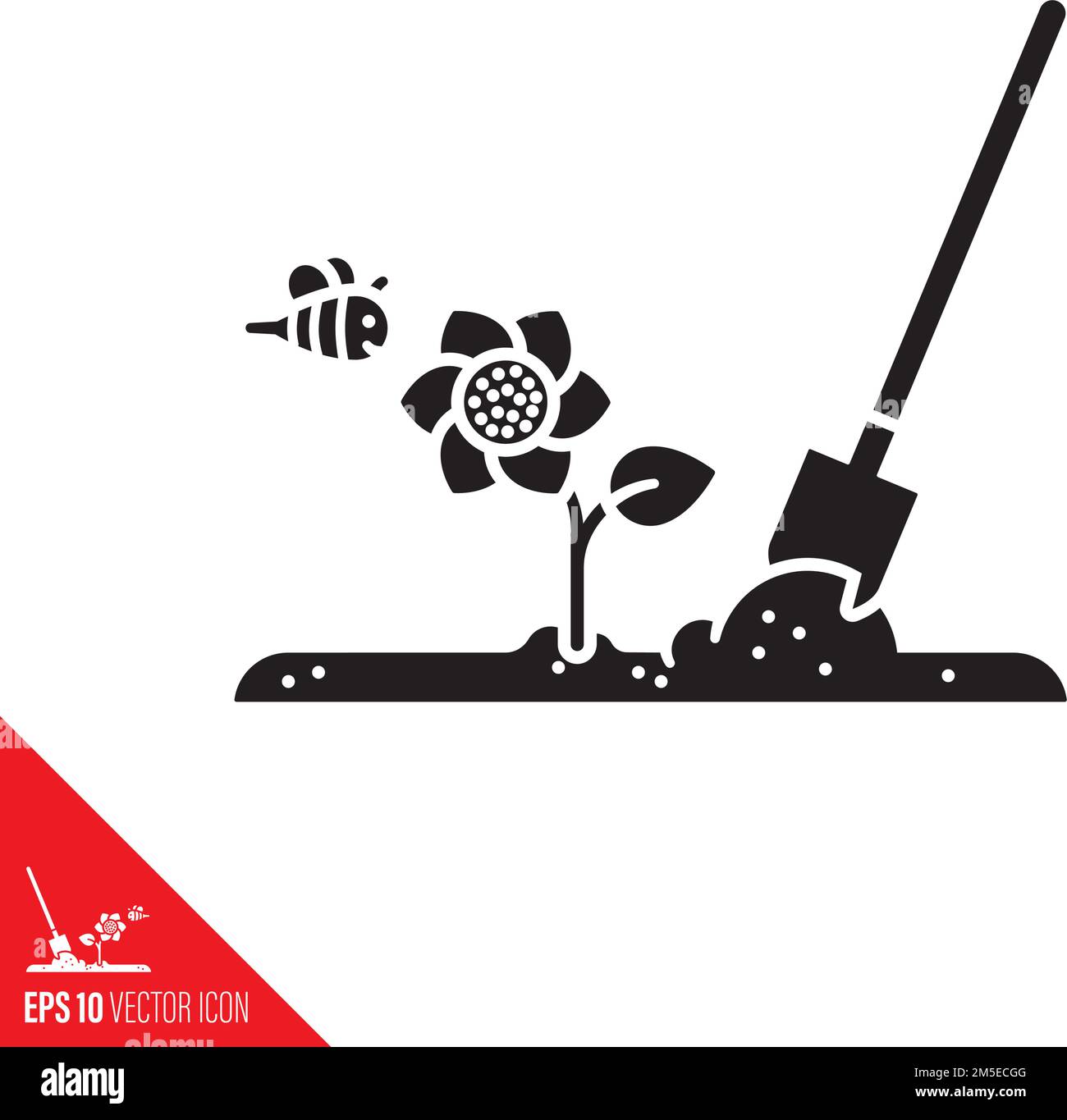 Gardening concept vector glyph icon. Shovel in soil, flower and bee symbol Stock Vector