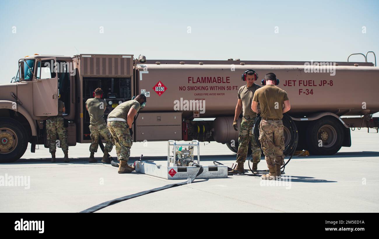 U.S. Airmen assigned to the 379th Expeditionary Logistics Readiness Squadron fuels management flight prepare a Versatile Integrating Partner Equipment Refueling (VIPER) kit in Southwest Asia, March 7, 2022. The VIPER kit serves as a universal fuel adapter that supports any U.S. Air Force aircraft globally. Stock Photo