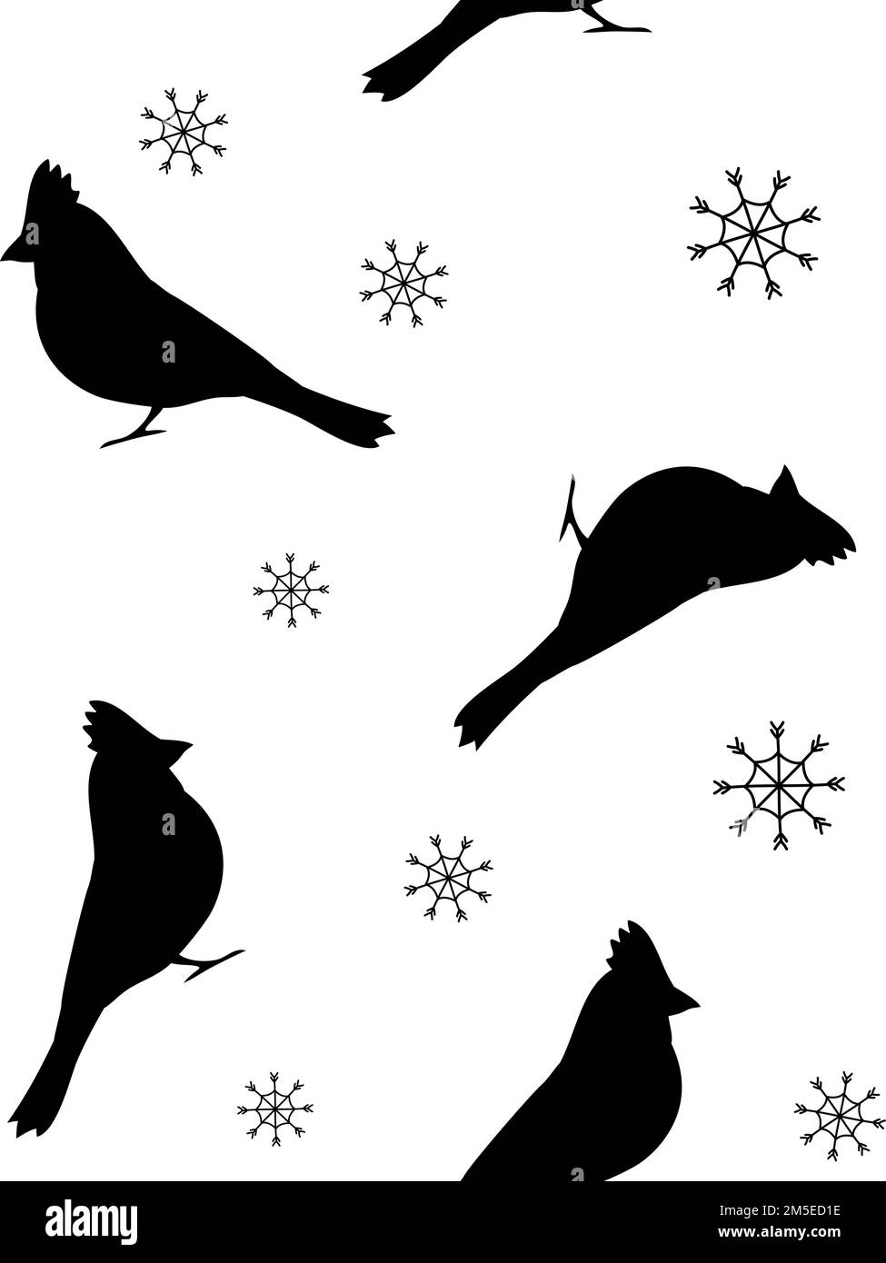 Vector seamless pattern of red cardinal bird and snowflakes silhouette isolated on white background Stock Vector